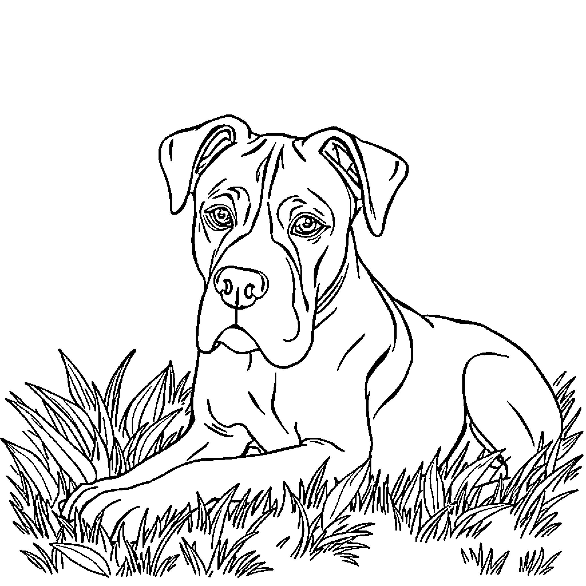 Boxer dog resting in grassy field Coloring Page (free black-and-white line drawing printable PDF for all, from beginners to advanced learners, including children, teens, adults, and seniors)