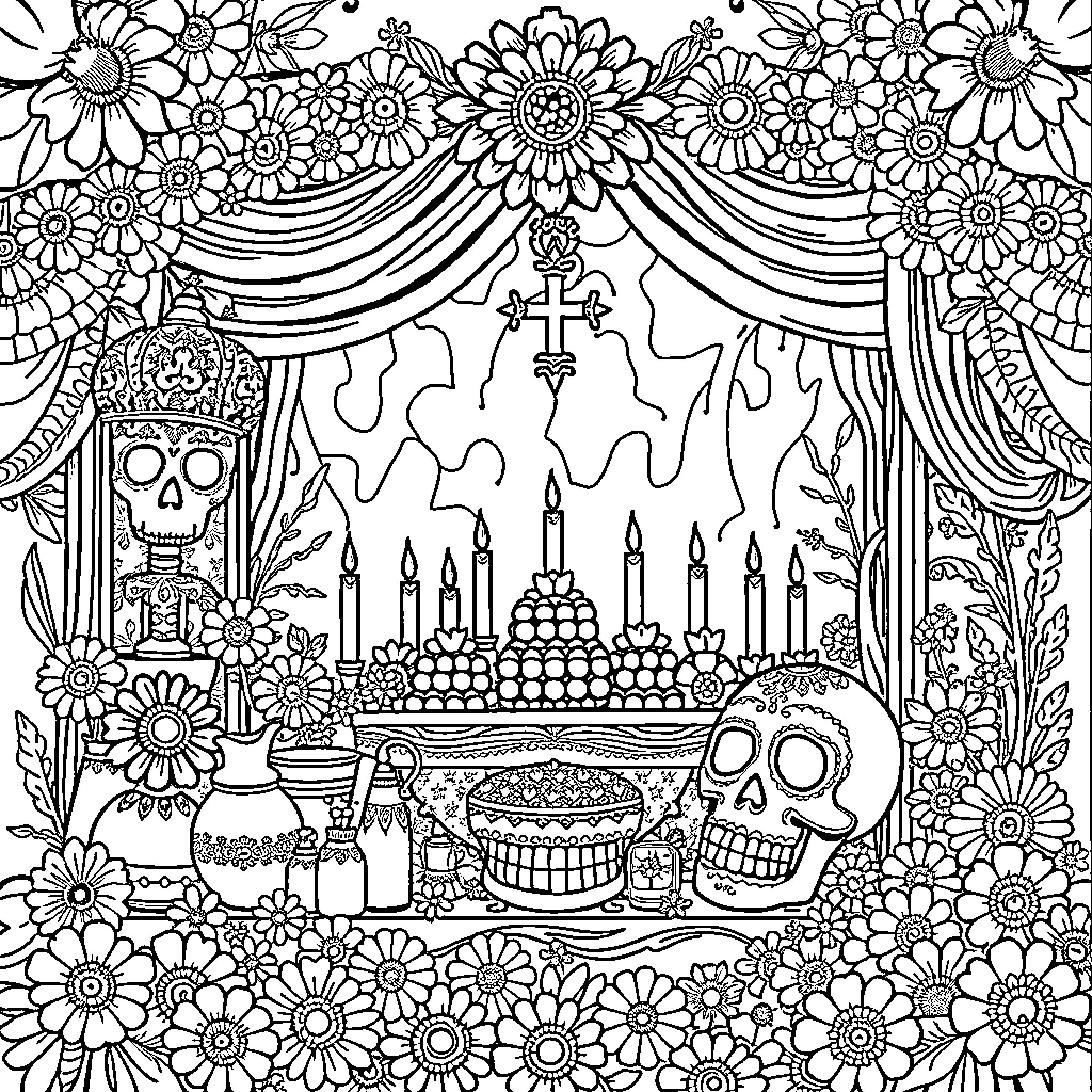Day of the Dead with Ornate Floral Displays and Skull Decorations Coloring Page (free black-and-white line drawing printable PDF for all, from beginners to advanced learners, including children, teens, adults, and seniors)