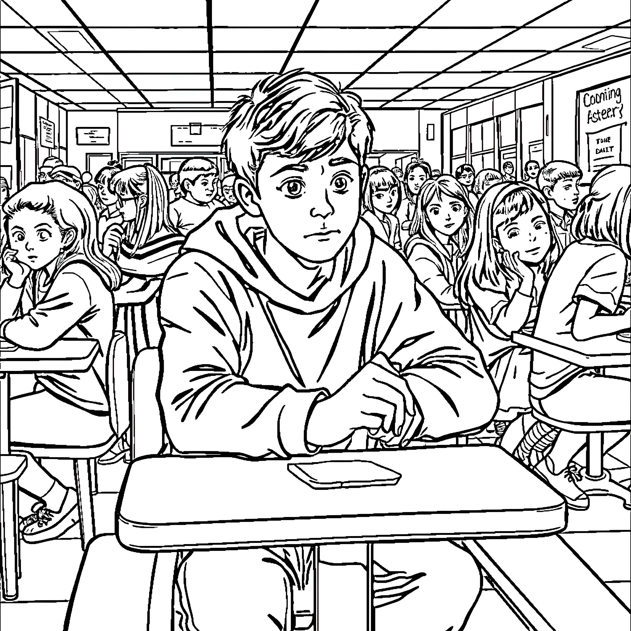Teenager in a crowded school classroom Coloring Page (free black-and-white line drawing printable PDF for all, from beginners to advanced learners, including children, teens, adults, and seniors)
