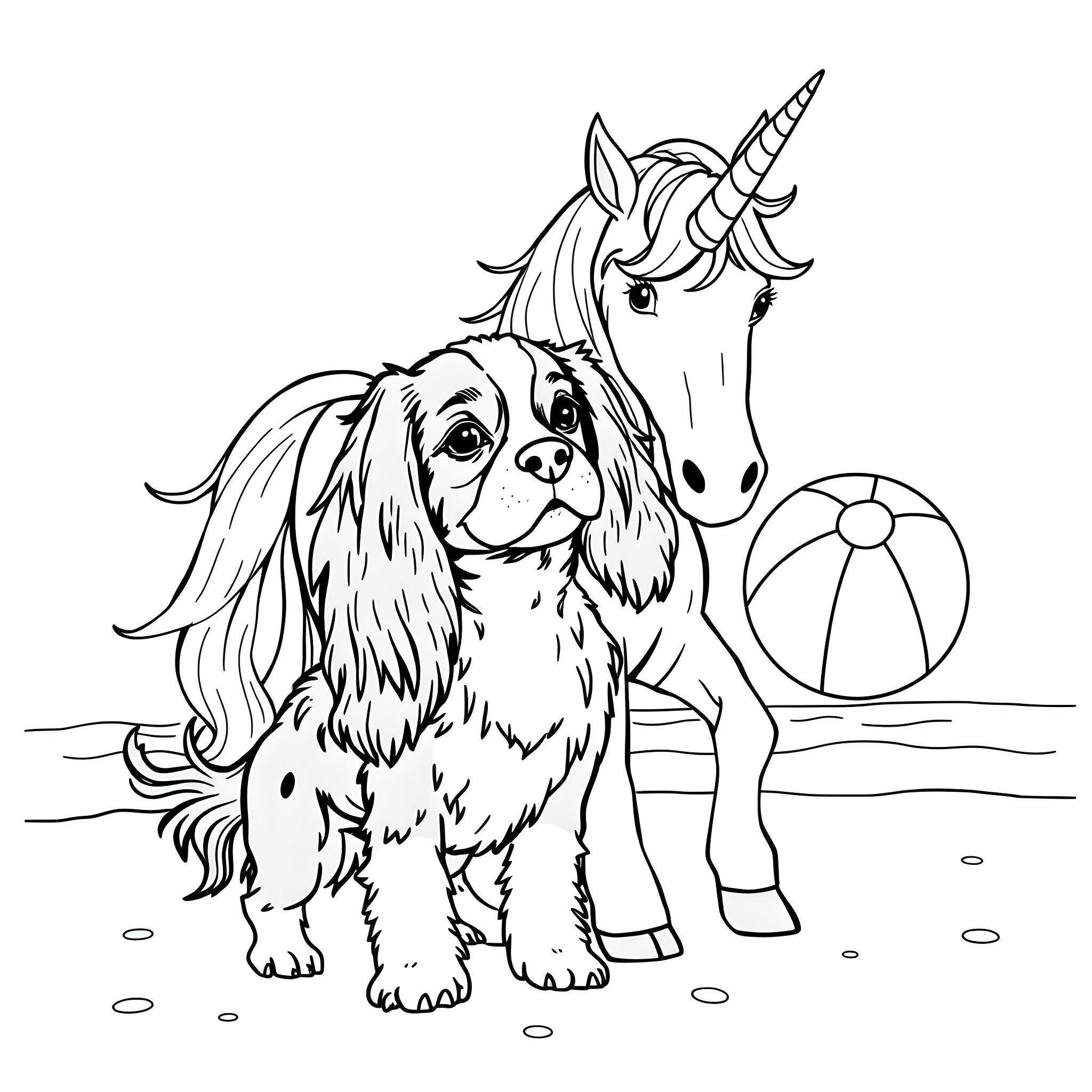 Unicorn and Dog Playing on the Beach Coloring Page (free black-and-white line drawing printable PDF for all, from beginners to advanced learners, including children, teens, adults, and seniors)