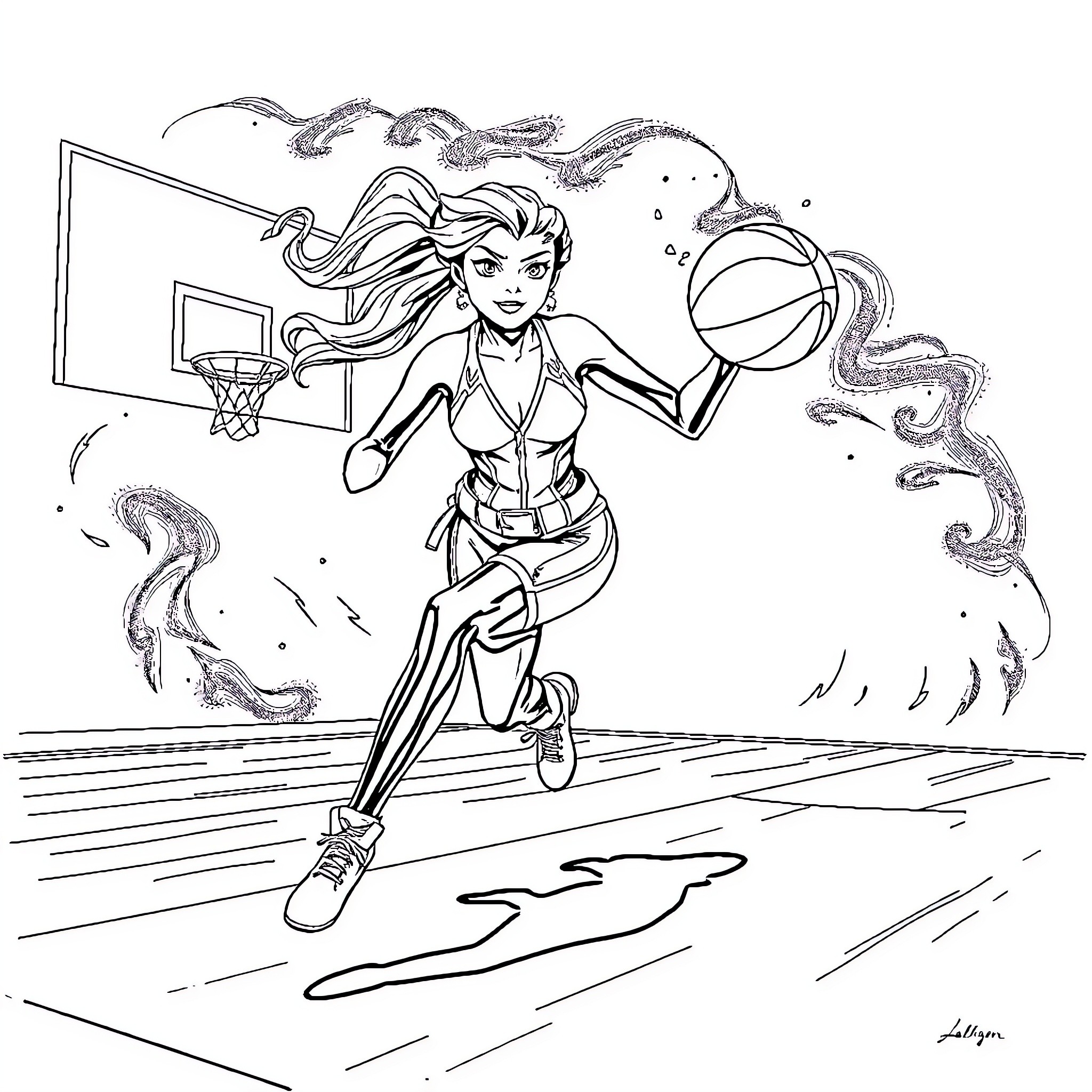 Black Widow playing basketball in action pose Coloring Page (free black-and-white line drawing printable PDF for all, from beginners to advanced learners, including children, teens, adults, and seniors)