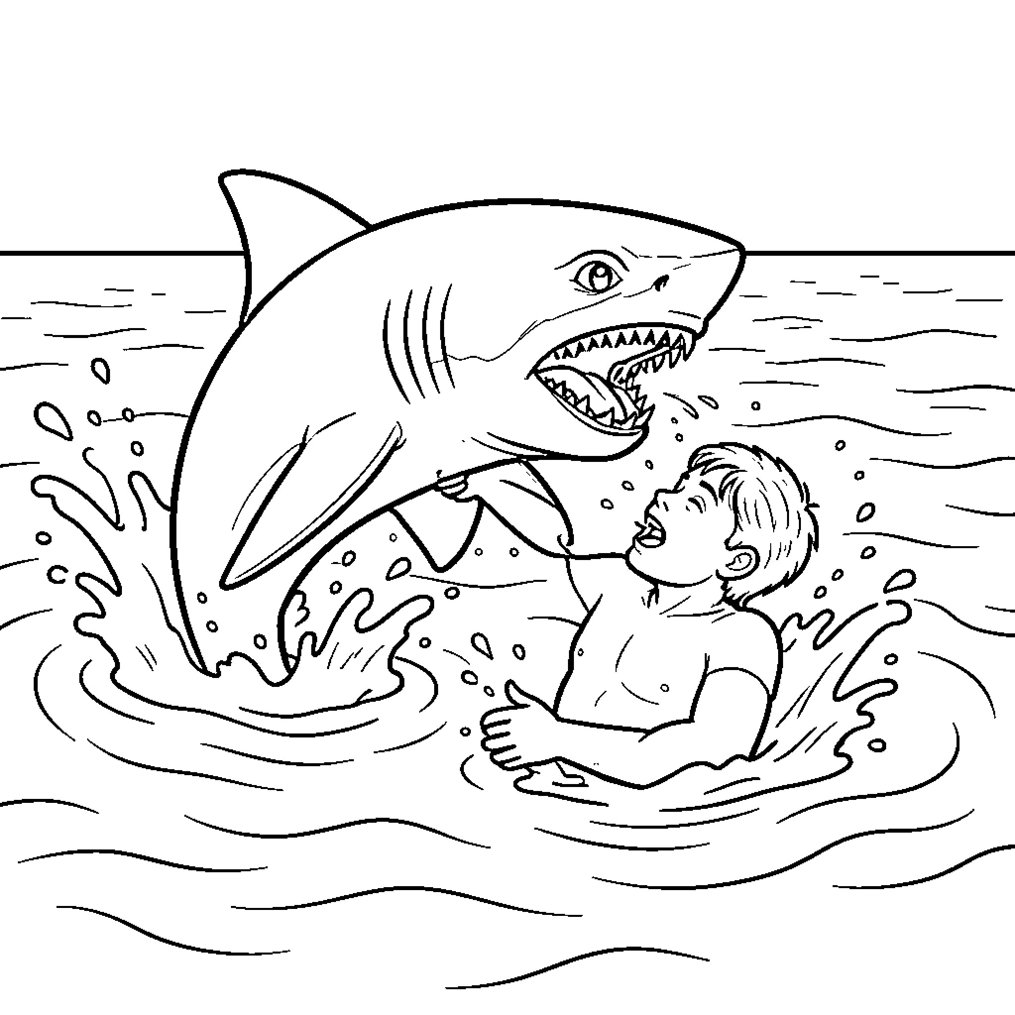 Requin jumping out of water towards a person Coloring Page (free black-and-white line drawing printable PDF for all, from beginners to advanced learners, including children, teens, adults, and seniors)