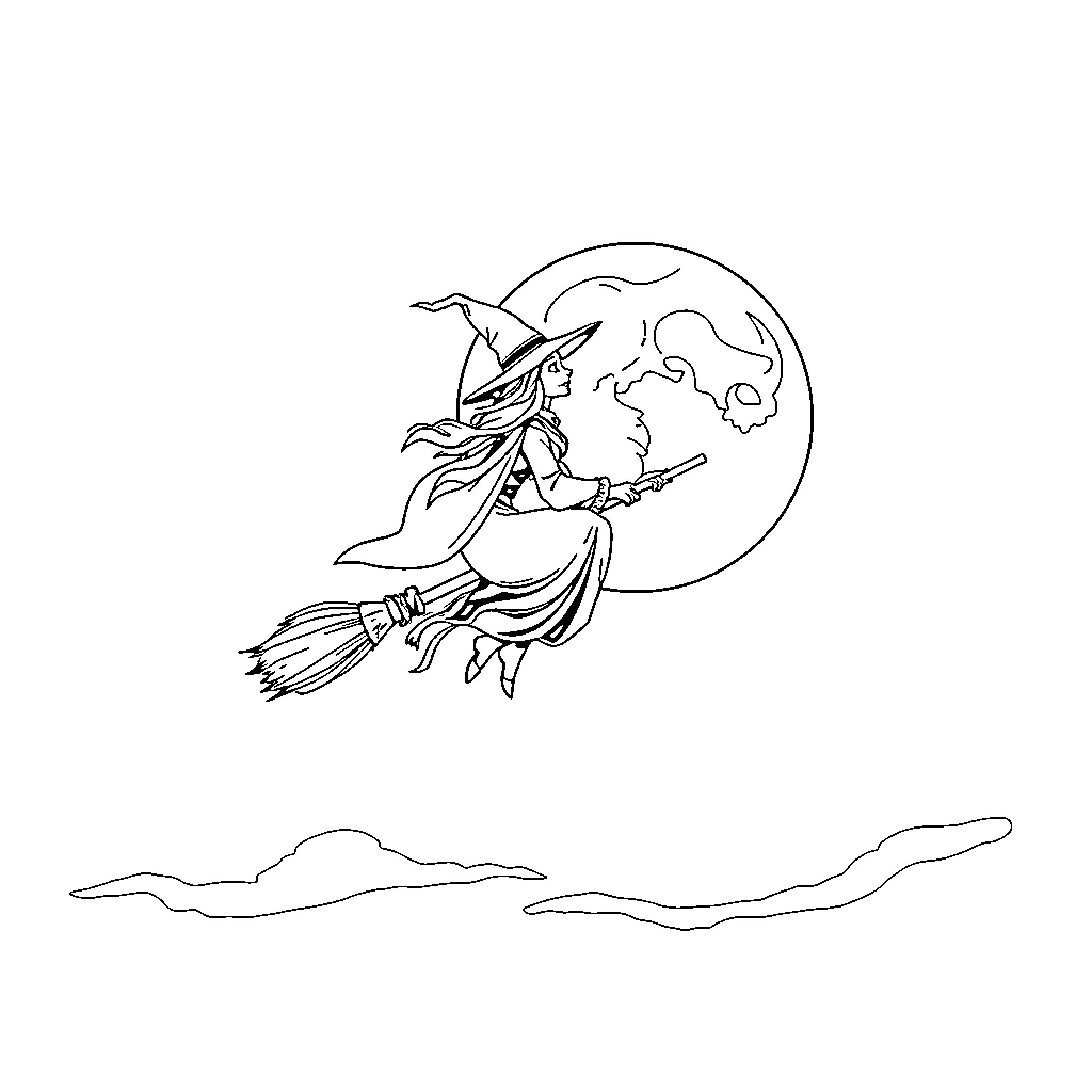 Moon Witch Soaring Through the Night Sky Coloring Page (free black-and-white line drawing printable PDF for all, from beginners to advanced learners, including children, teens, adults, and seniors)