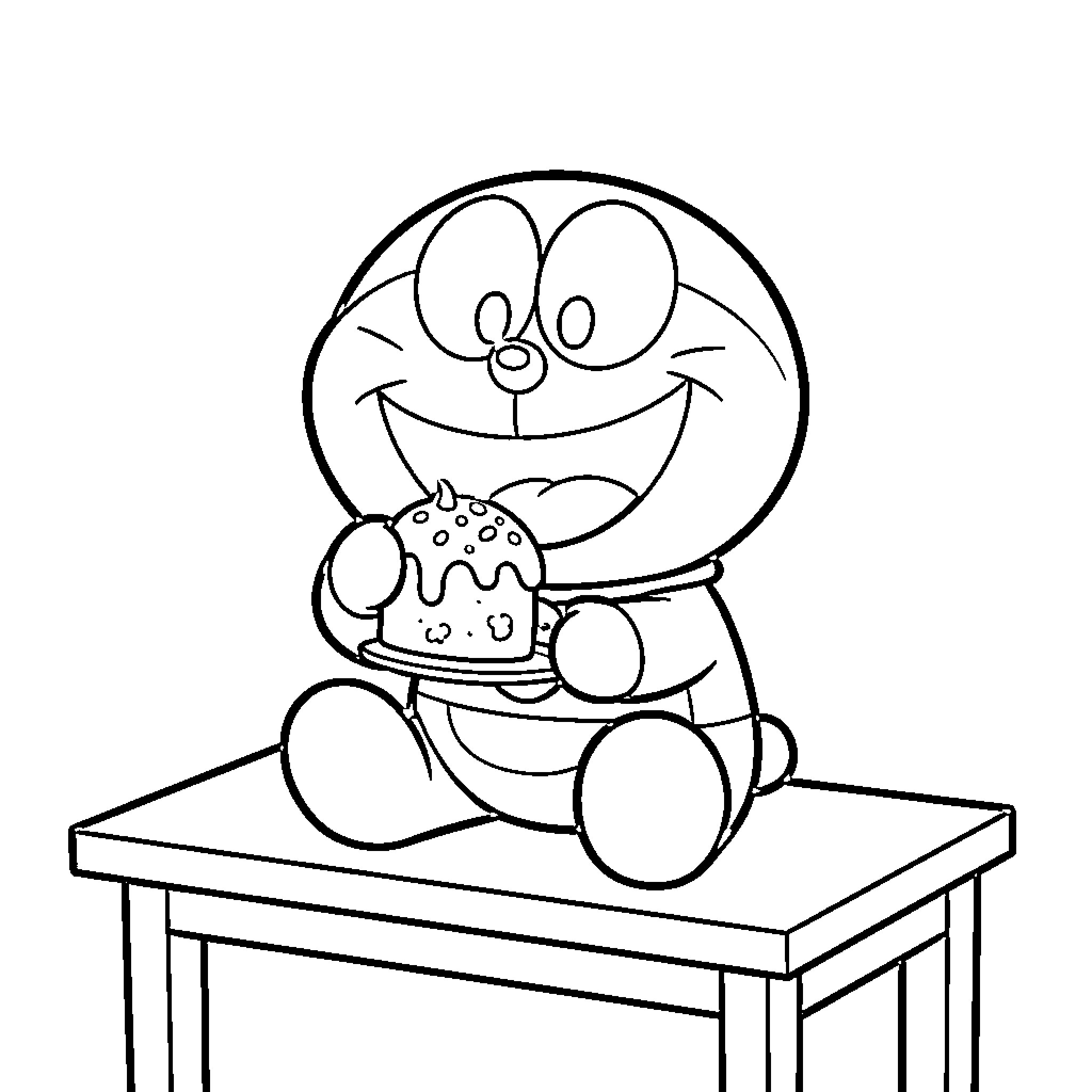 Doraemon sitting and happily eating a delicious cake Coloring Page (free black-and-white line drawing printable PDF for all, from beginners to advanced learners, including children, teens, adults, and seniors)