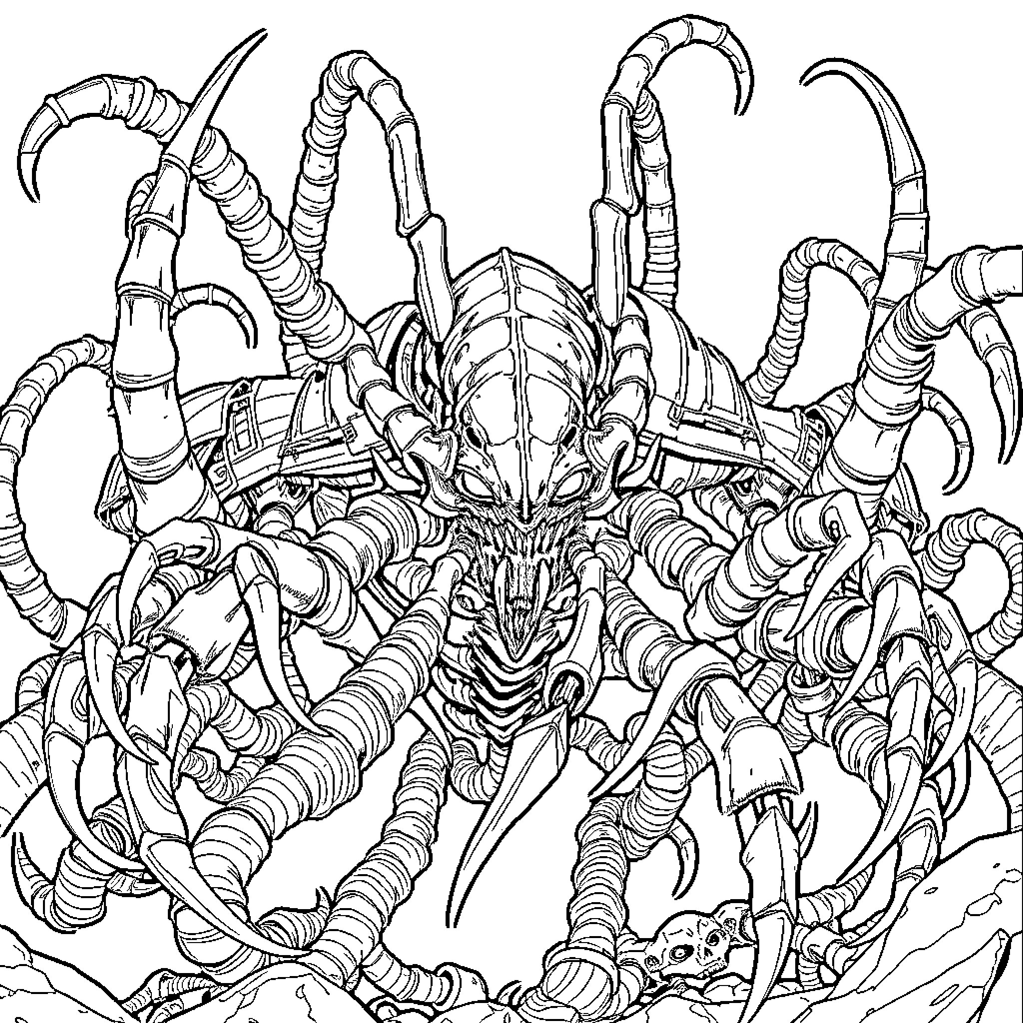 Tyranid Xenos Abomination Emerging from the Shadows Coloring Page (free black-and-white line drawing printable PDF for all, from beginners to advanced learners, including children, teens, adults, and seniors)