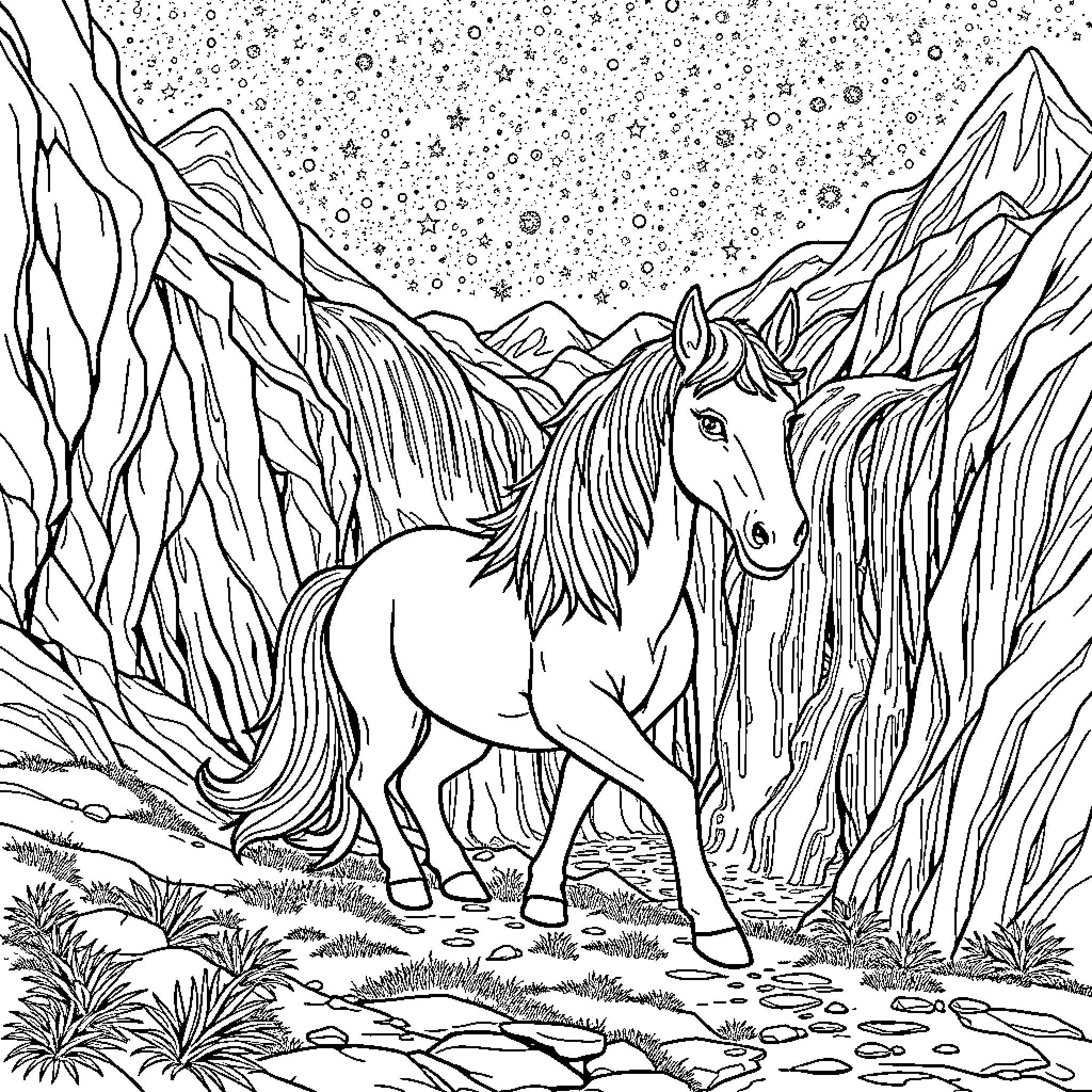 Unicorn in the enchanting mountain landscape Coloring Page (free black-and-white line drawing printable PDF for all, from beginners to advanced learners, including children, teens, adults, and seniors)