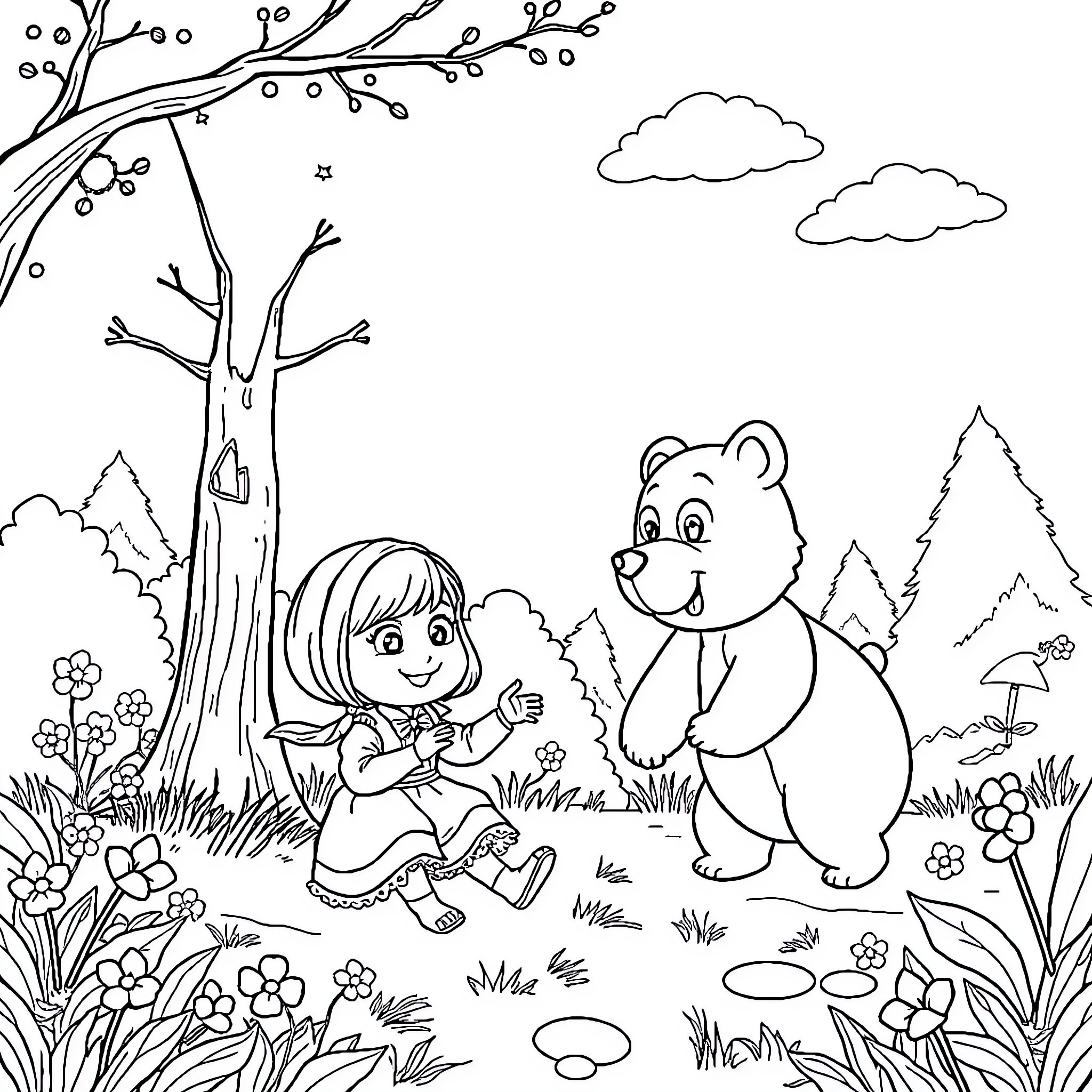 Masha and the Bear enjoying nature's beauty Coloring Page (free black-and-white line drawing printable PDF for all, from beginners to advanced learners, including children, teens, adults, and seniors)