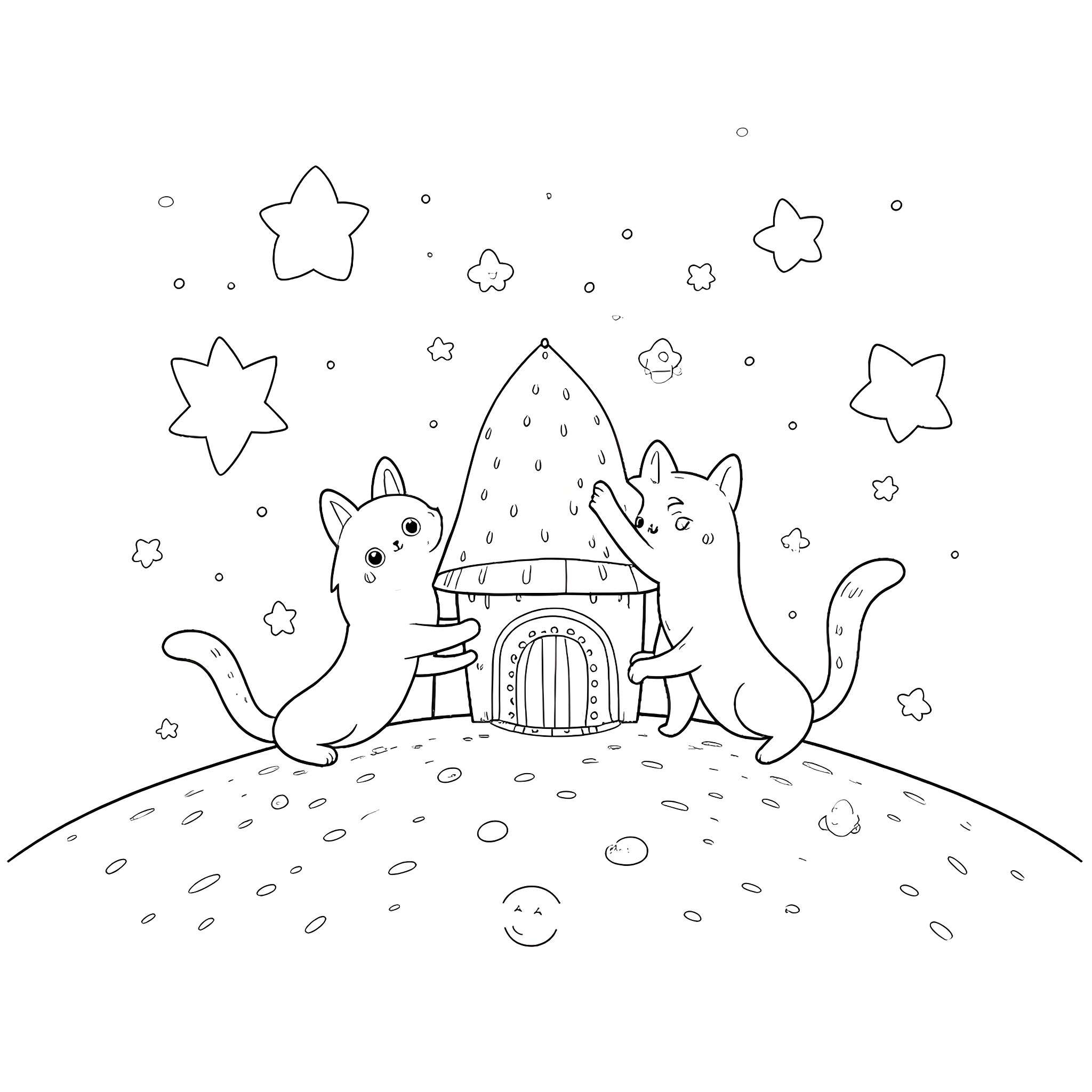 Cats building a cozy snowhouse under the stars Coloring Page (free black-and-white line drawing printable PDF for all, from beginners to advanced learners, including children, teens, adults, and seniors)