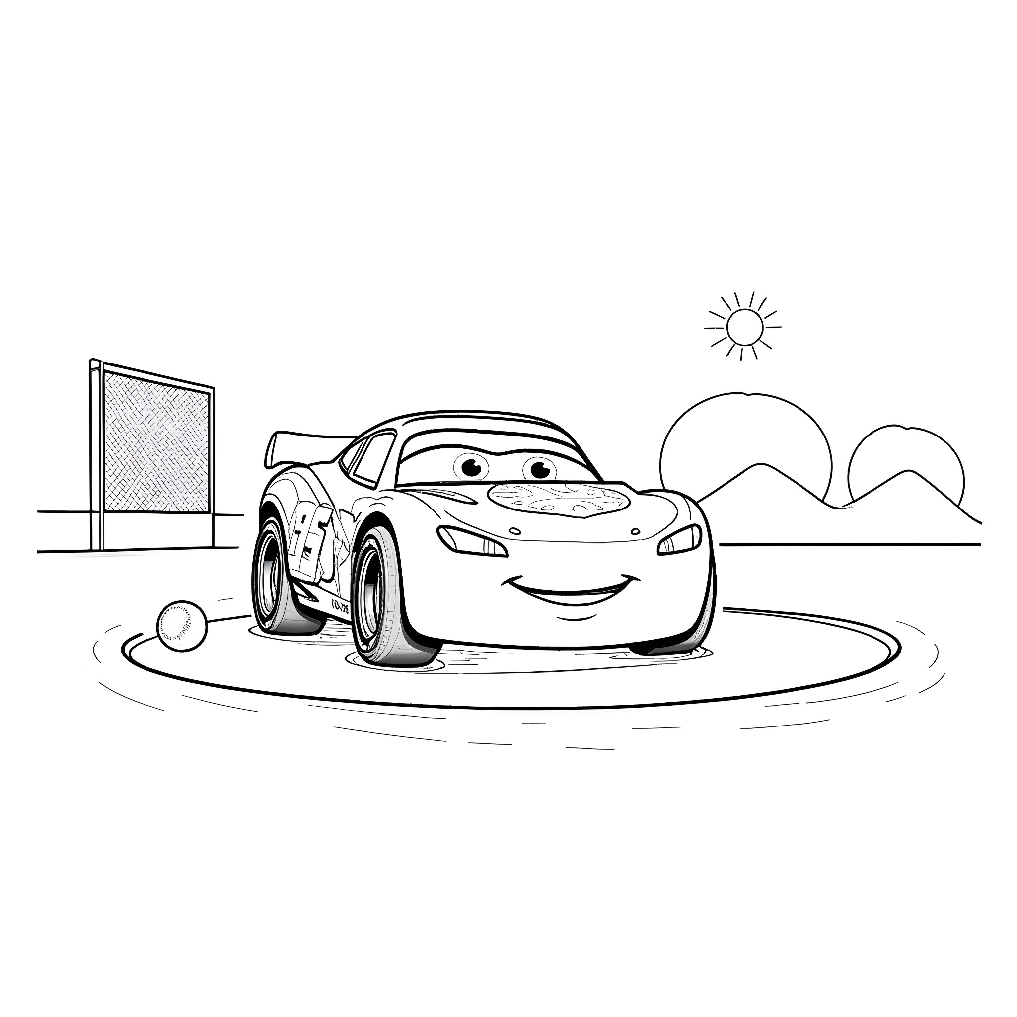 Lightning McQueen playing on the field Coloring Page (free black-and-white line drawing printable PDF for all, from beginners to advanced learners, including children, teens, adults, and seniors)