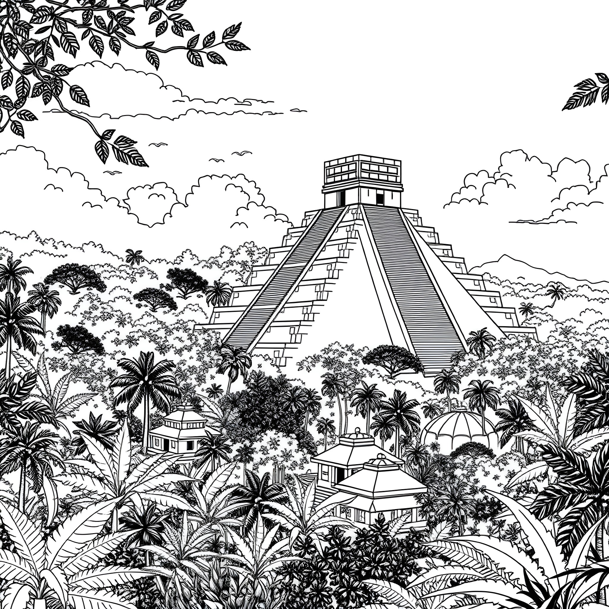 Tikal - Ancient Mayan Ruins Amid Lush Jungle Landscape Coloring Page (free black-and-white line drawing printable PDF for all, from beginners to advanced learners, including children, teens, adults, and seniors)