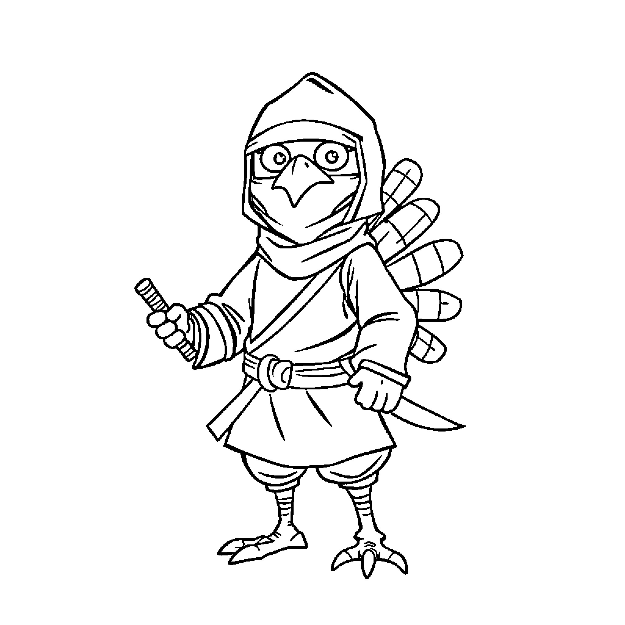 Ninja Turkey Wielding Weapons in Martial Arts Outfit Coloring Page (free black-and-white line drawing printable PDF for all, from beginners to advanced learners, including children, teens, adults, and seniors)