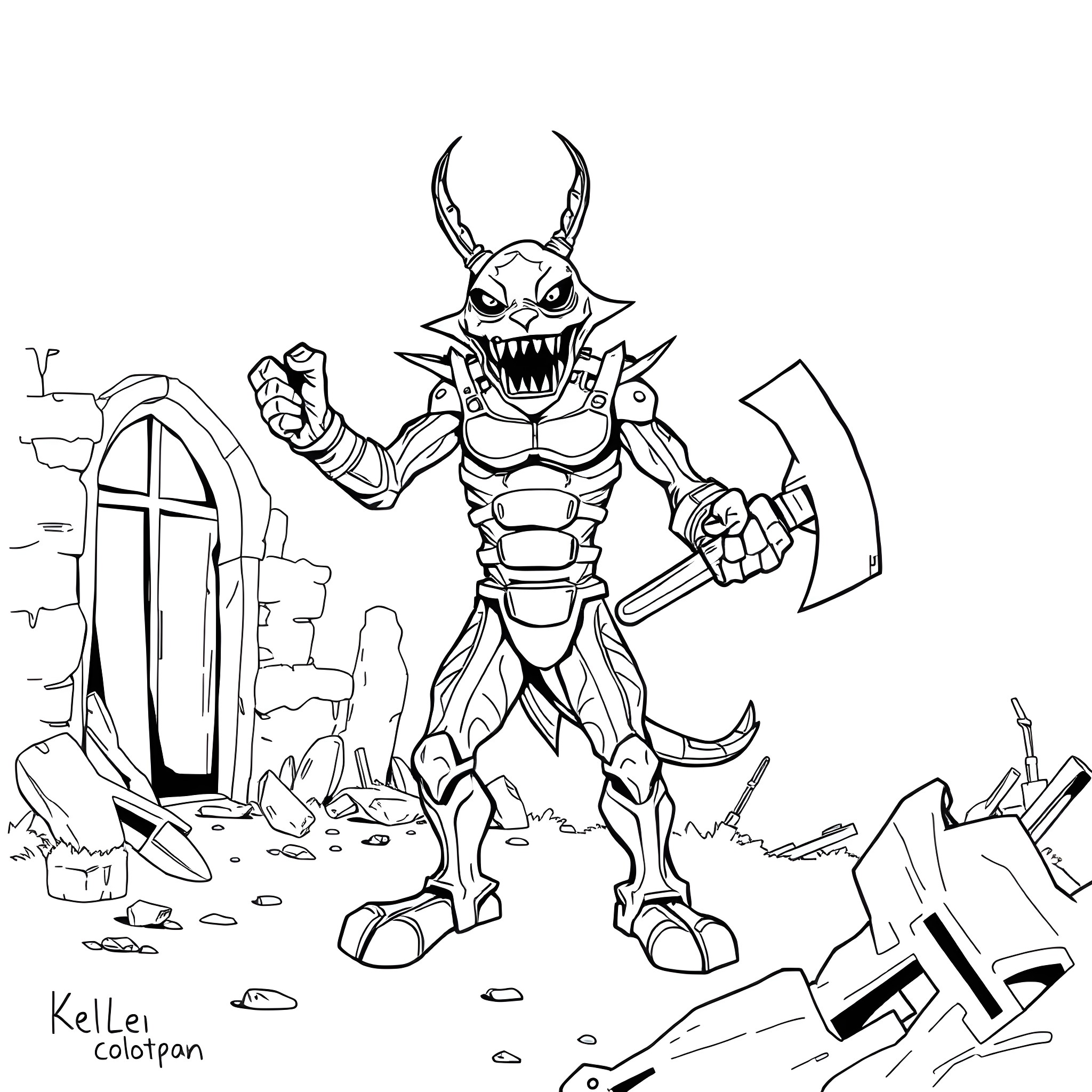 Springtrap unleashing mayhem in a ruined environment Coloring Page (free black-and-white line drawing printable PDF for all, from beginners to advanced learners, including children, teens, adults, and seniors)