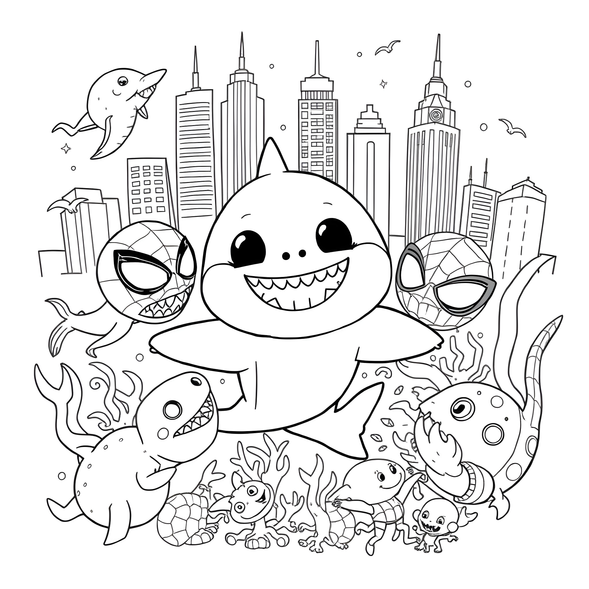 Baby Shark exploring the vibrant city with marine friends Coloring Page (free black-and-white line drawing printable PDF for all, from beginners to advanced learners, including children, teens, adults, and seniors)