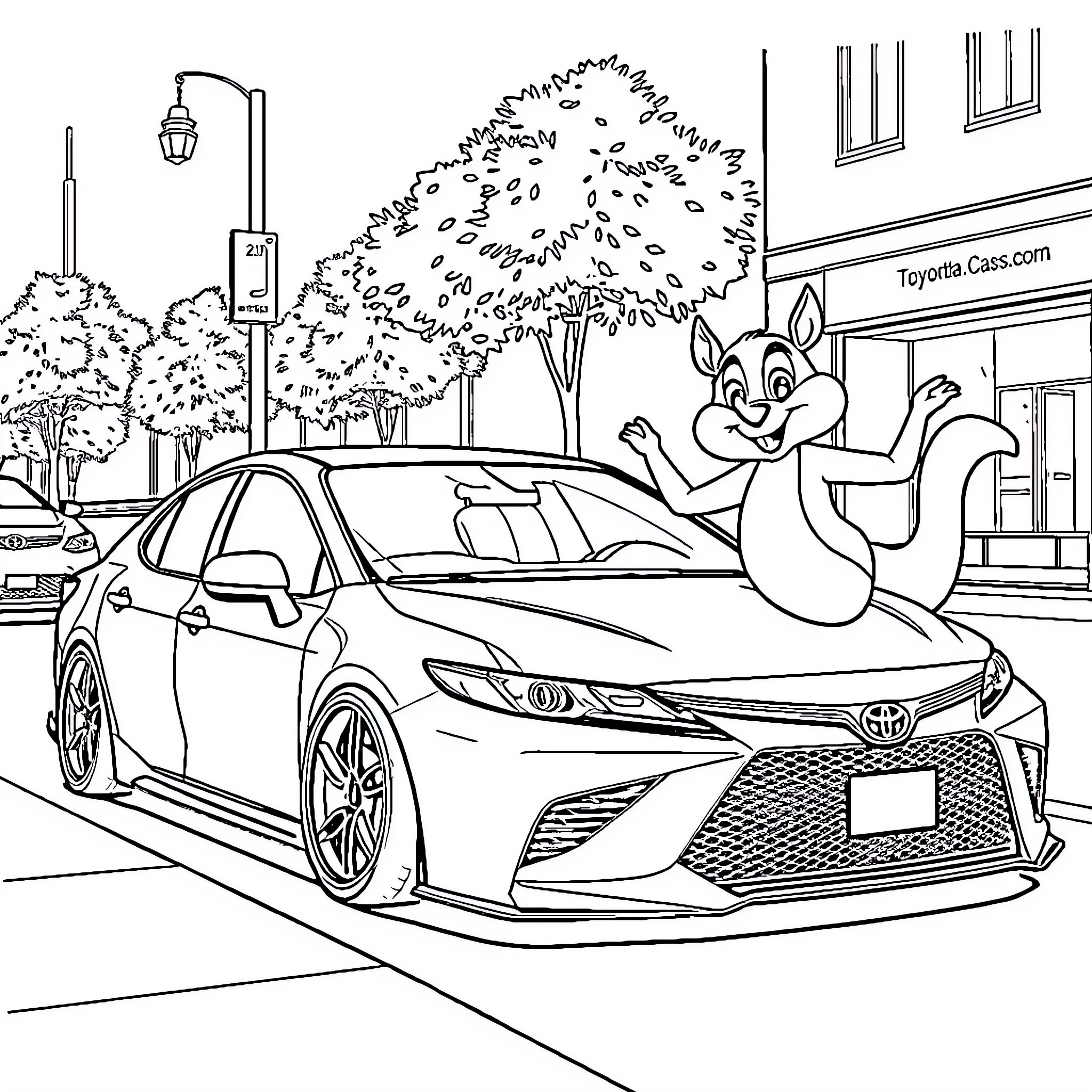 Camry Mascot Promoting Automotive Services Coloring Page (free black-and-white line drawing printable PDF for all, from beginners to advanced learners, including children, teens, adults, and seniors)
