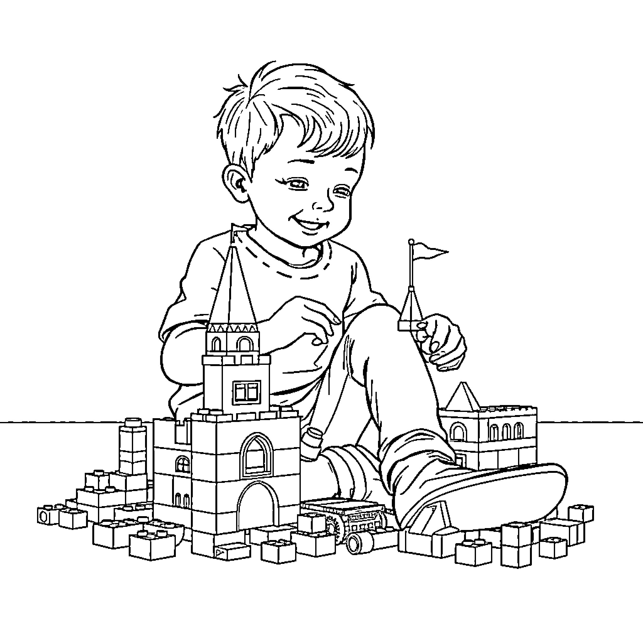 Boy Building a Detailed Castle with Toy Bricks Coloring Page (free black-and-white line drawing printable PDF for all, from beginners to advanced learners, including children, teens, adults, and seniors)