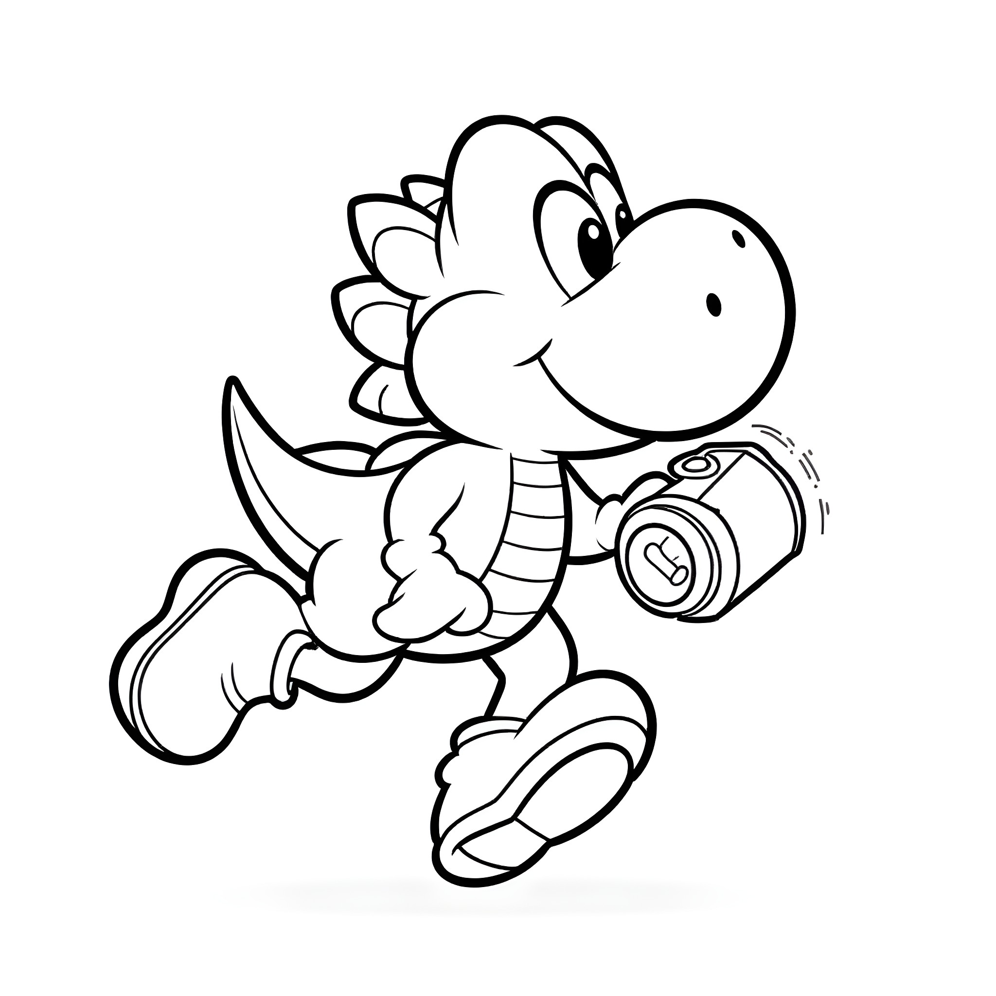 Yoshi taking a photograph Coloring Page (free black-and-white line drawing printable PDF for all, from beginners to advanced learners, including children, teens, adults, and seniors)