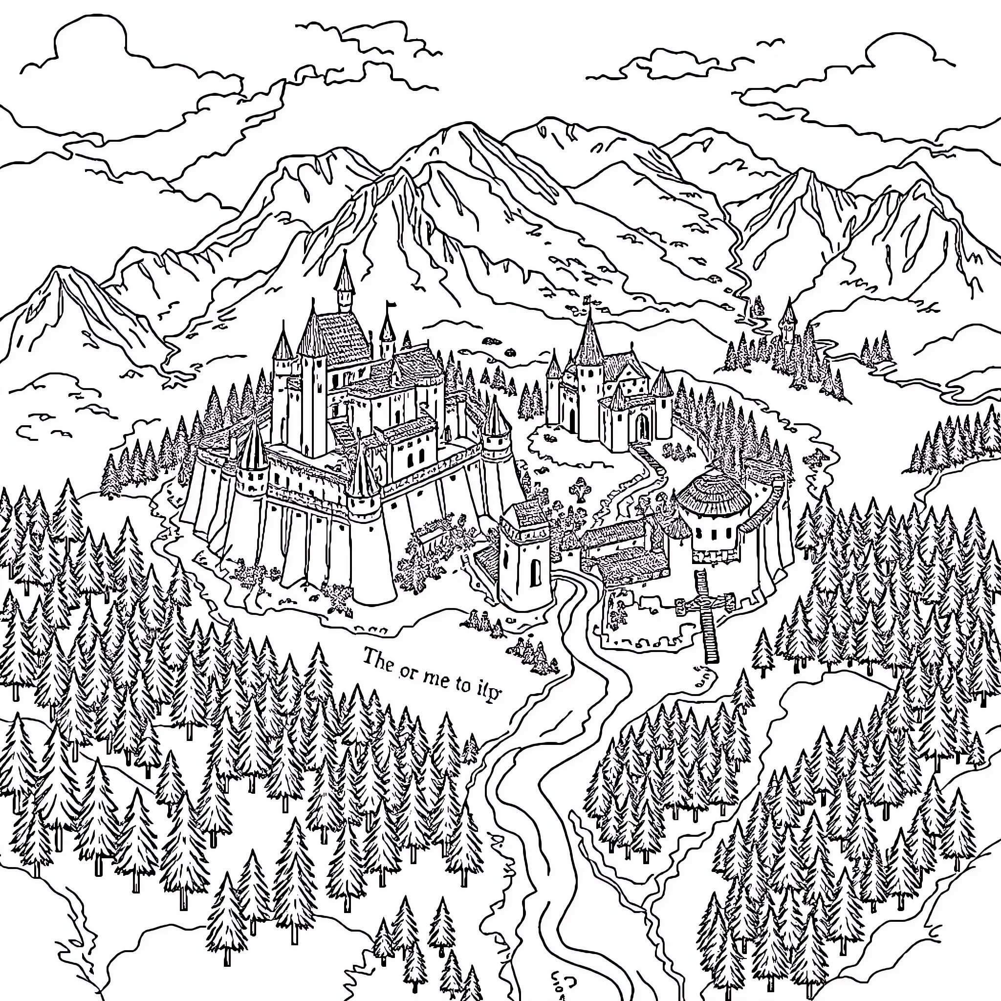 Medieval Map of a Fantastical Mountain Kingdom Coloring Page (free black-and-white line drawing printable PDF for all, from beginners to advanced learners, including children, teens, adults, and seniors)