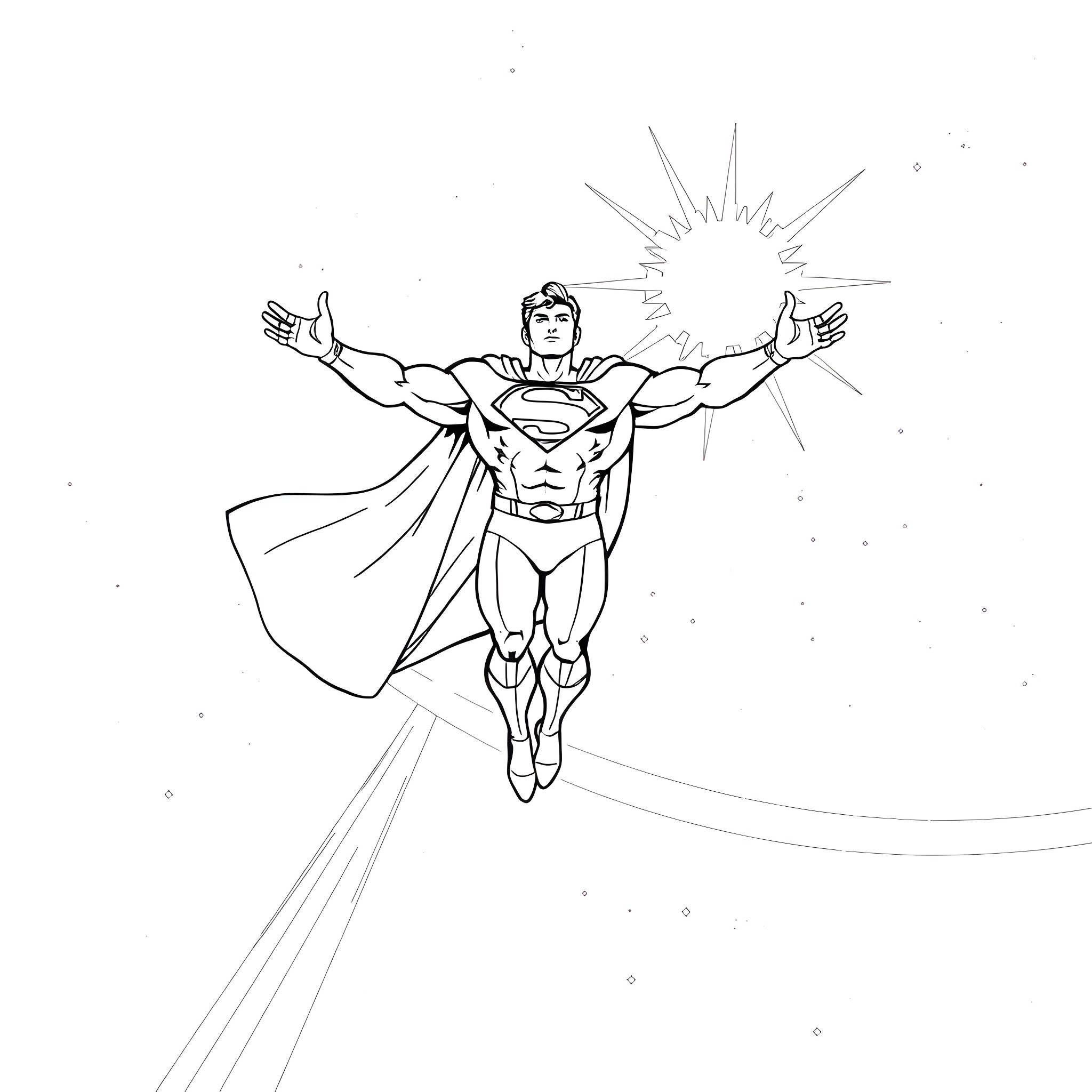 Superman soaring with arms outstretched in heroic pose Coloring Page (free black-and-white line drawing printable PDF for all, from beginners to advanced learners, including children, teens, adults, and seniors)