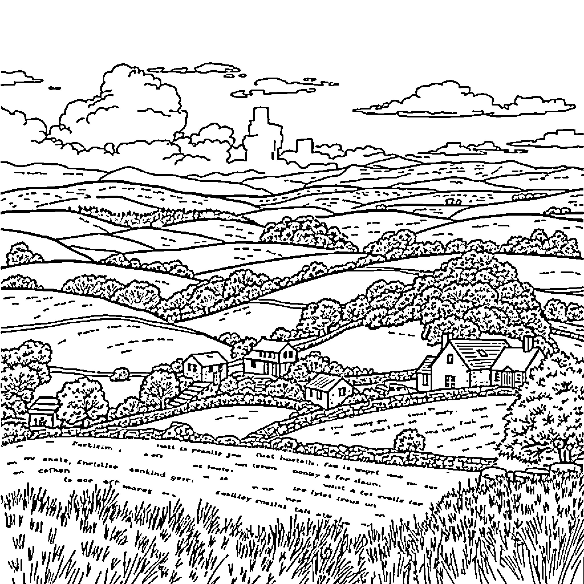 Yorkshire rural landscape with rolling hills and farmhouses Coloring Page (free black-and-white line drawing printable PDF for all, from beginners to advanced learners, including children, teens, adults, and seniors)