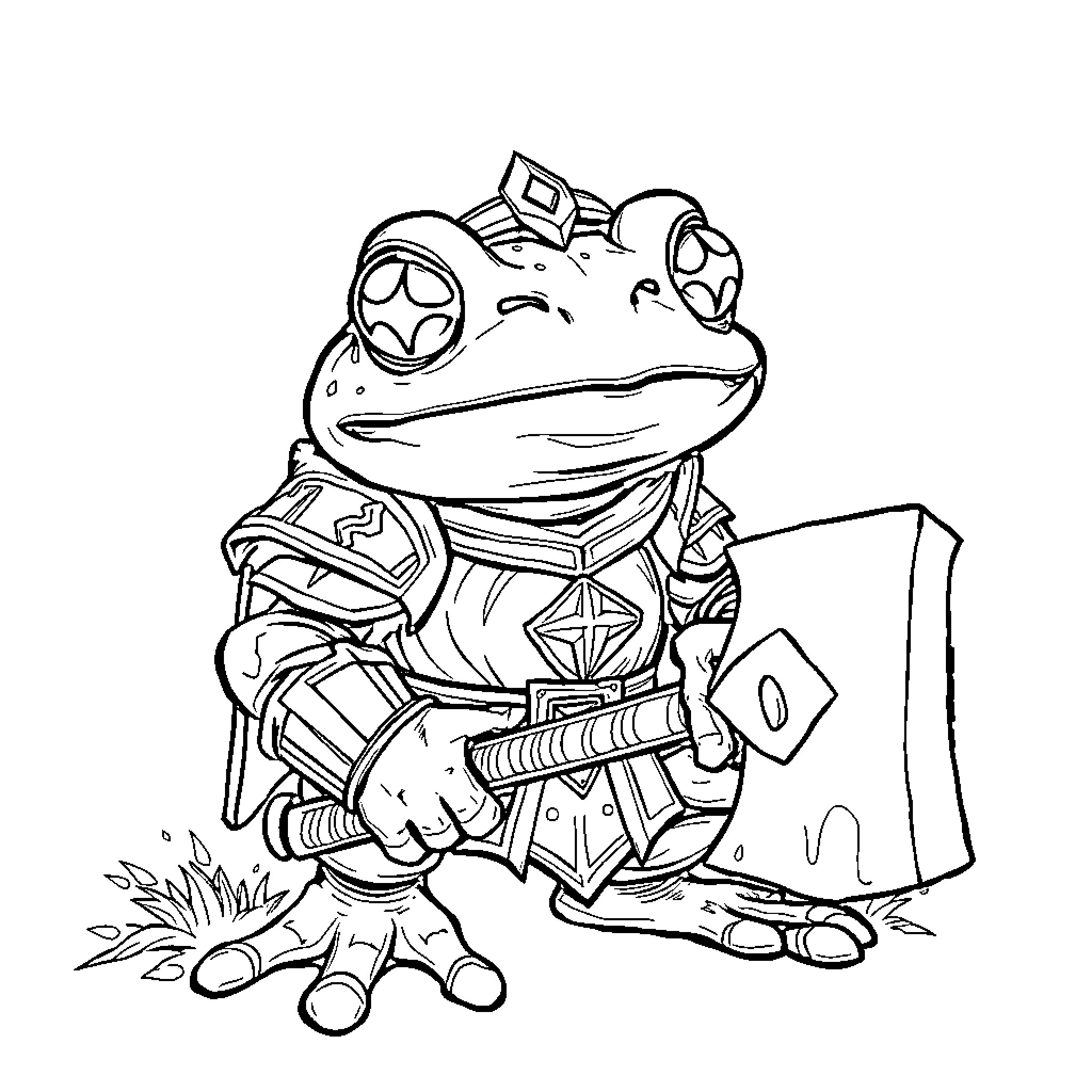 Tree Frog Adventurer in Armor Coloring Page (free black-and-white line drawing printable PDF for all, from beginners to advanced learners, including children, teens, adults, and seniors)
