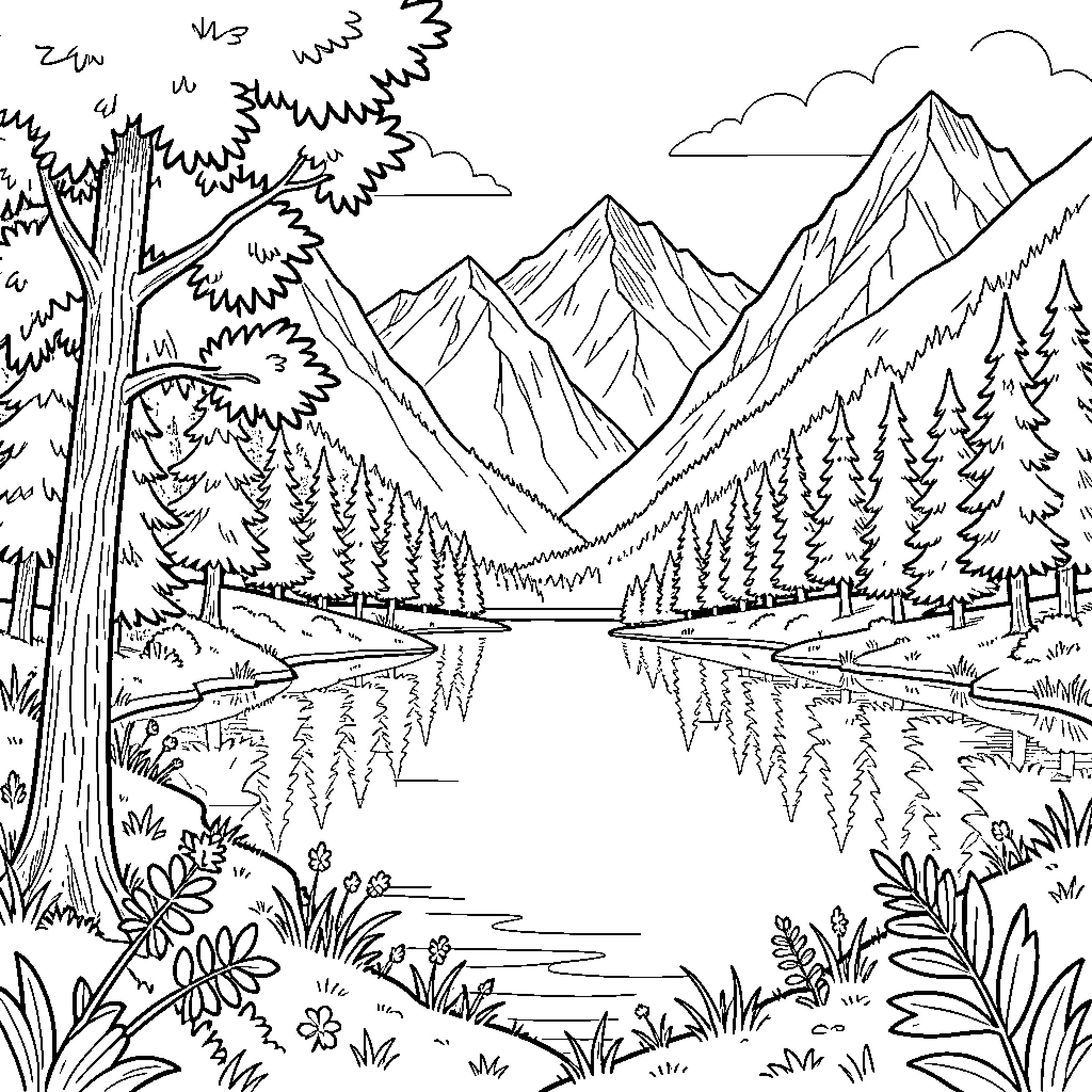 Nature featuring mountains and trees by a calm lake Coloring Page (free black-and-white line drawing printable PDF for all, from beginners to advanced learners, including children, teens, adults, and seniors)
