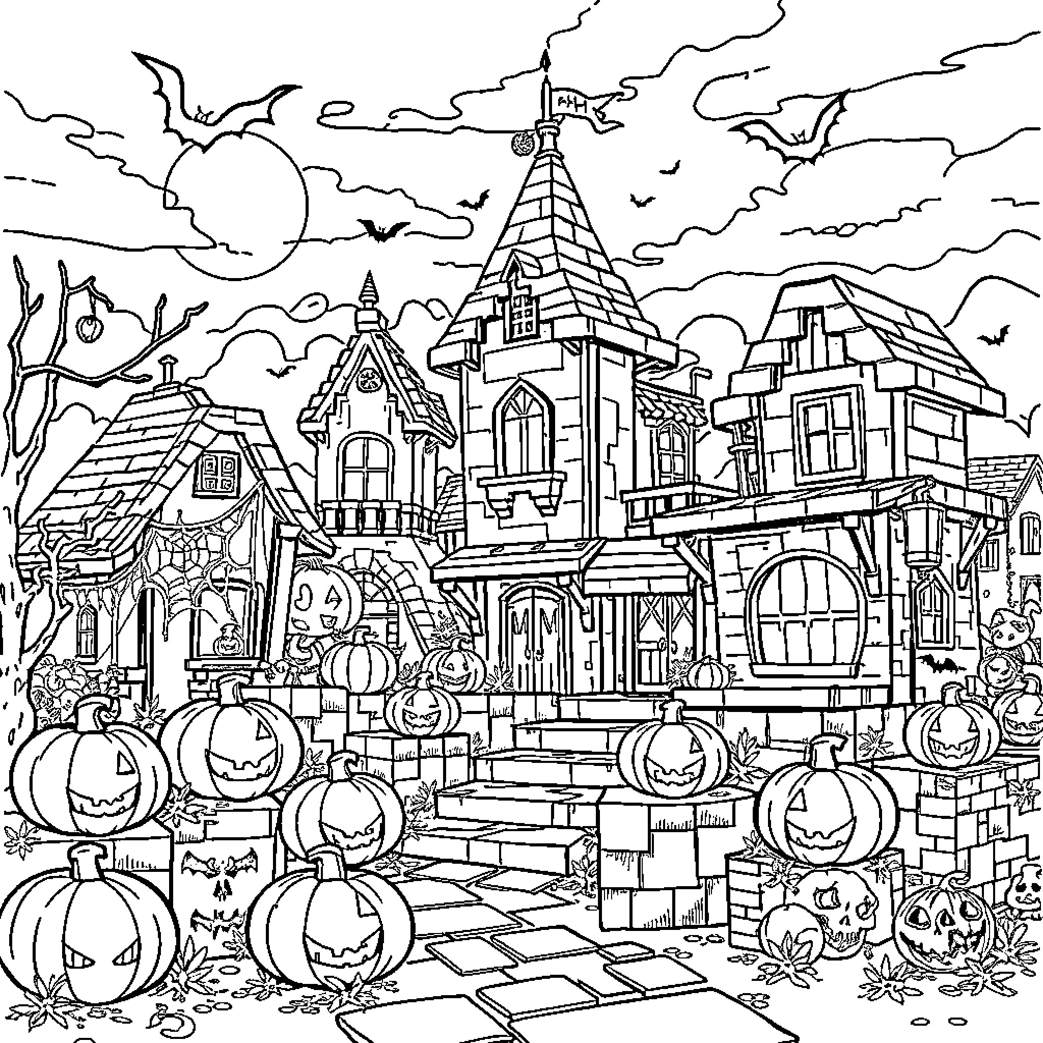 Minecraft Halloween Night at Haunted Castle Coloring Page (free black-and-white line drawing printable PDF for all, from beginners to advanced learners, including children, teens, adults, and seniors)