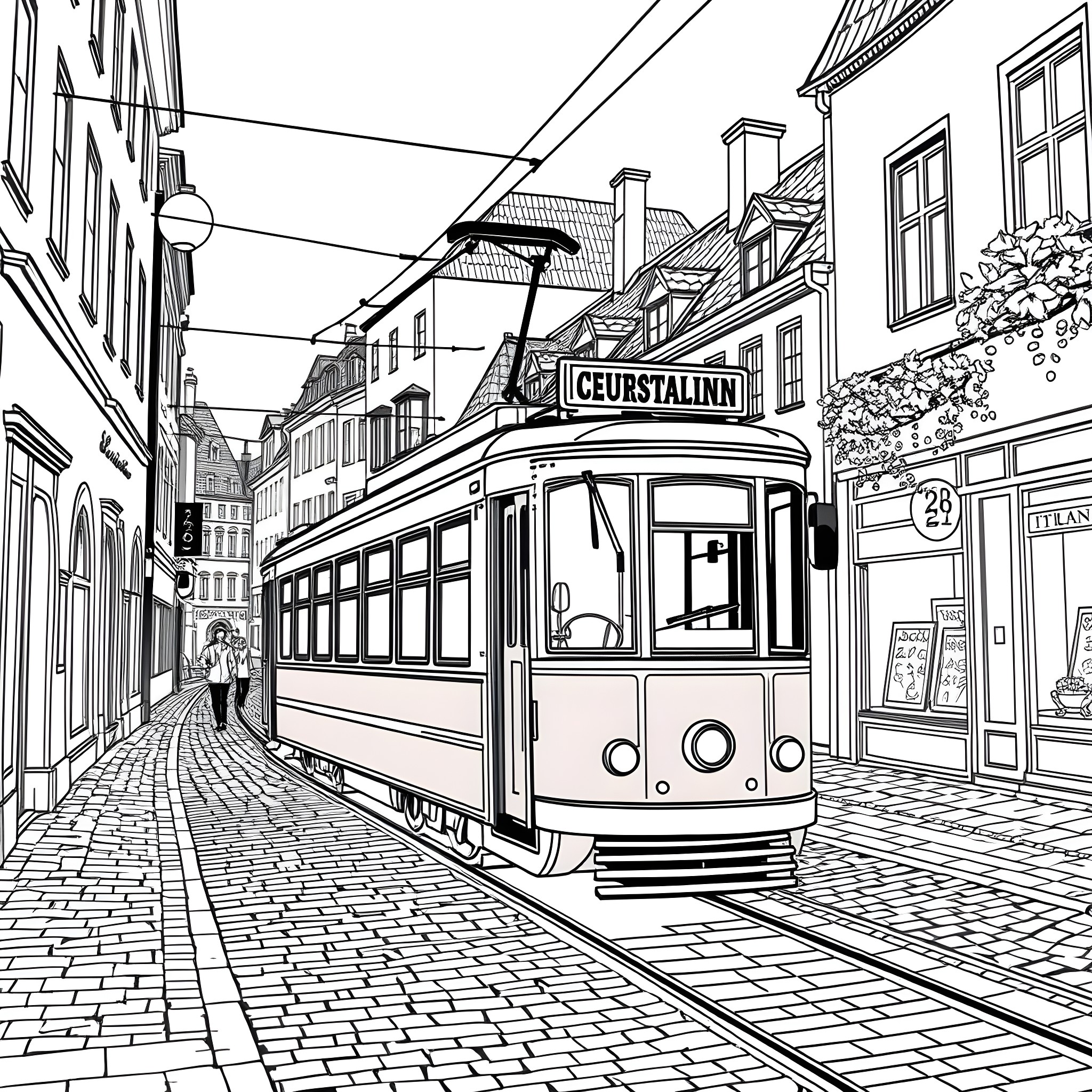 Tram Traveling Through Historic European Town Coloring Page (free black-and-white line drawing printable PDF for all, from beginners to advanced learners, including children, teens, adults, and seniors)