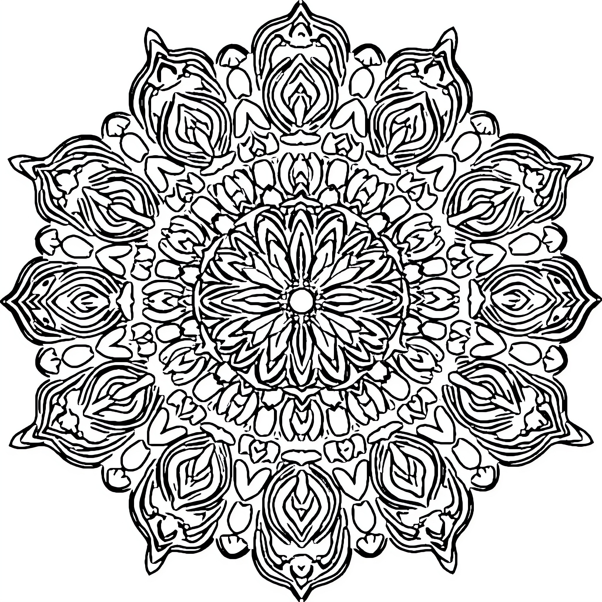 Mandala of intricate floral patterns Coloring Page (free black-and-white line drawing printable PDF for all, from beginners to advanced learners, including children, teens, adults, and seniors)