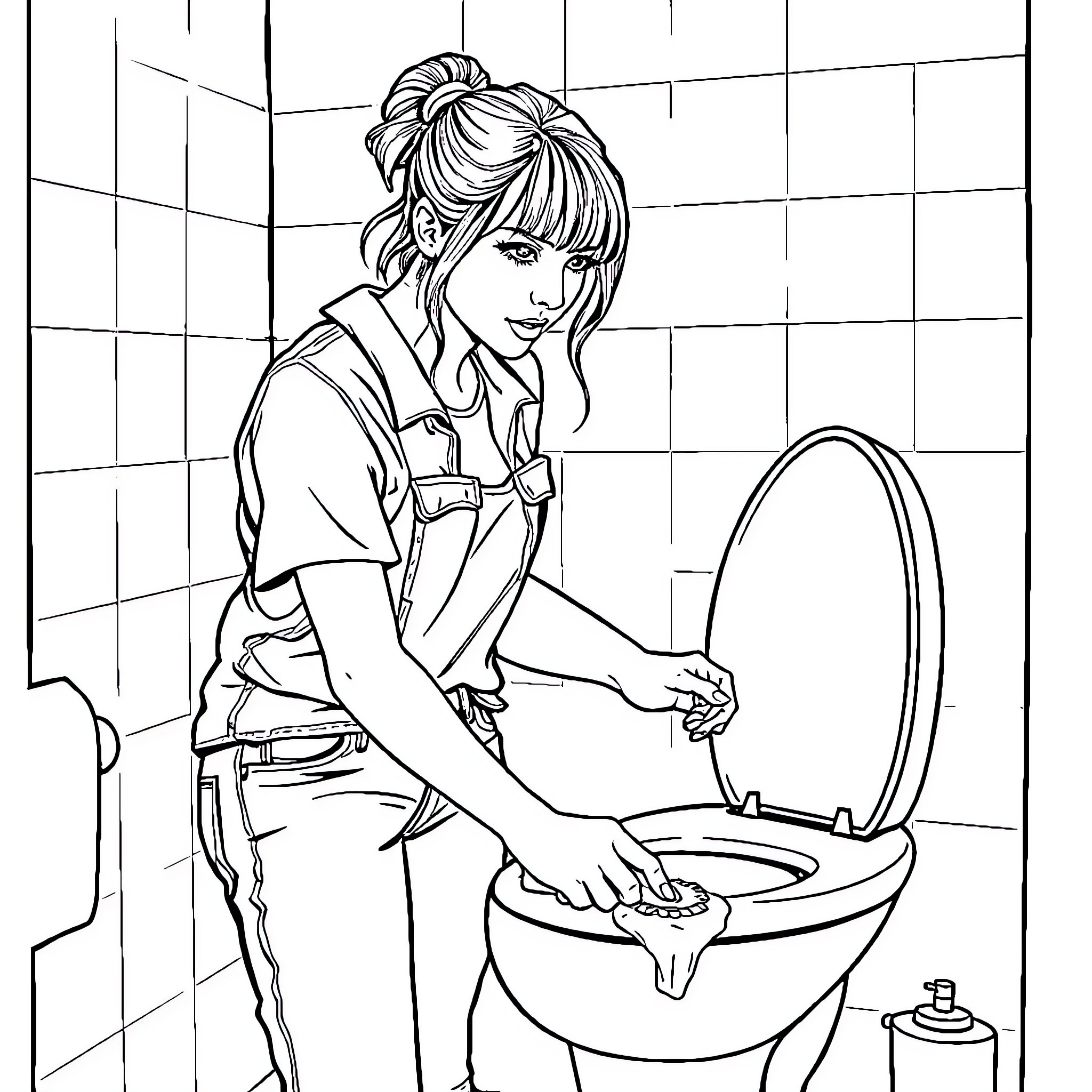 Taylor Swift cleaning a bathroom with focus Coloring Page (free black-and-white line drawing printable PDF for all, from beginners to advanced learners, including children, teens, adults, and seniors)