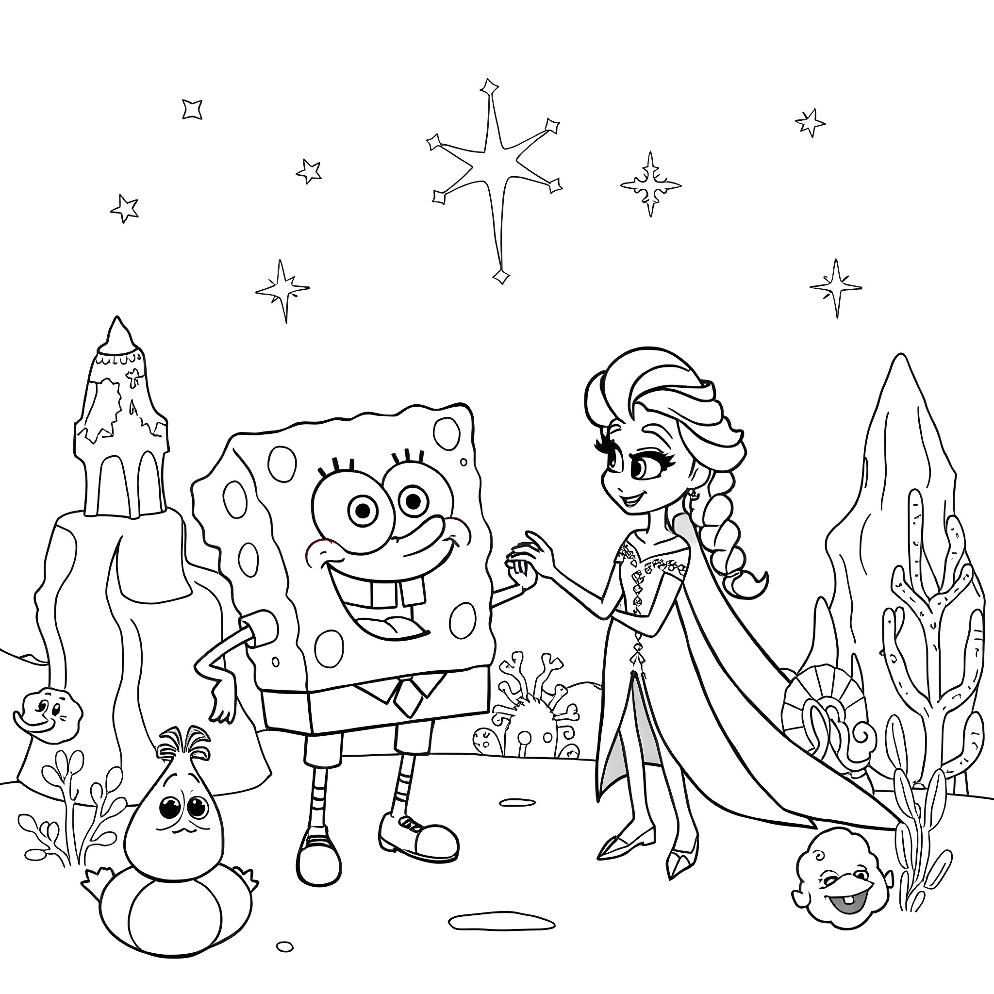 Spongebob and Friends in a Playful Scene Coloring Page (free black-and-white line drawing printable PDF for all, from beginners to advanced learners, including children, teens, adults, and seniors)