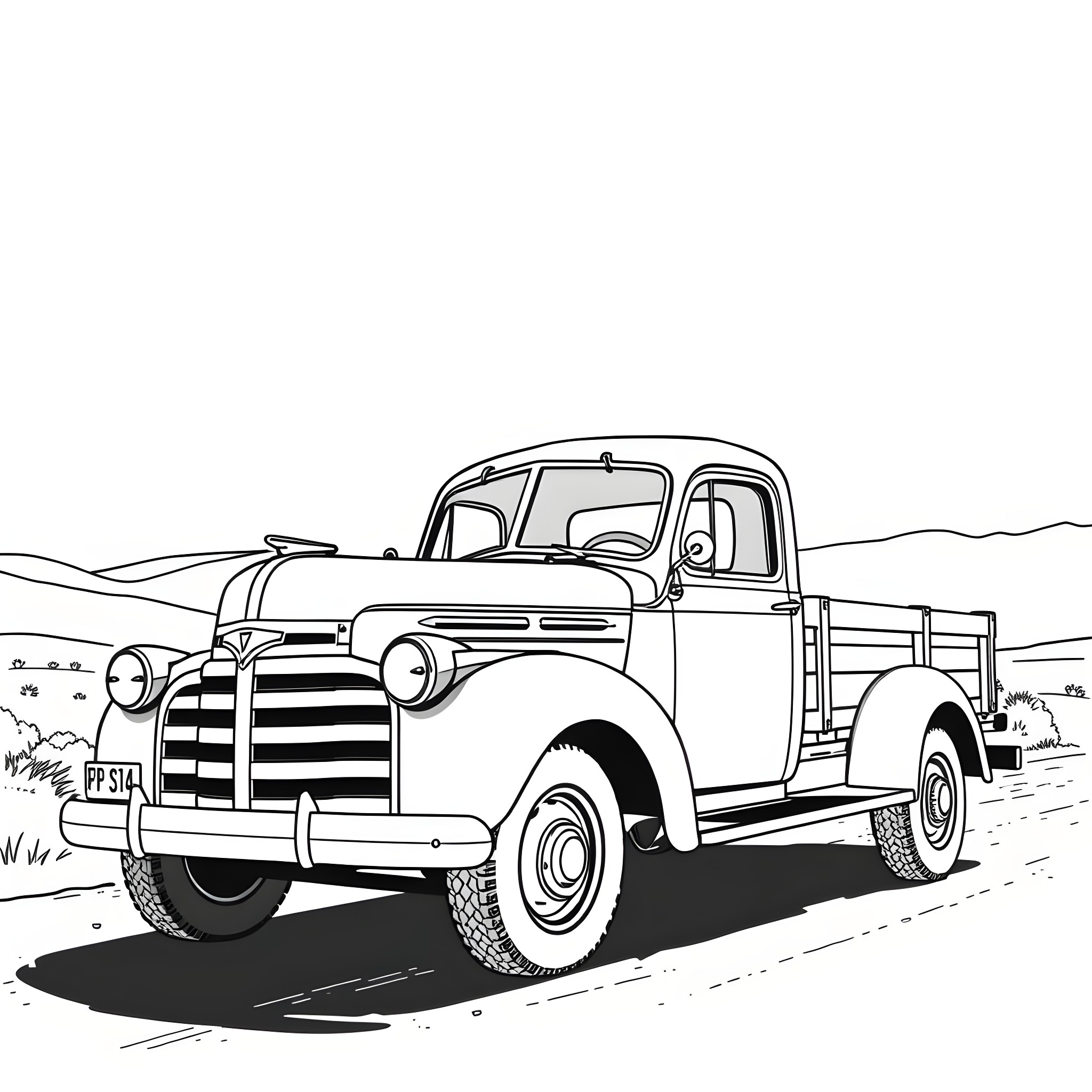 Truck transporting cargo on rural road Coloring Page (free black-and-white line drawing printable PDF for all, from beginners to advanced learners, including children, teens, adults, and seniors)