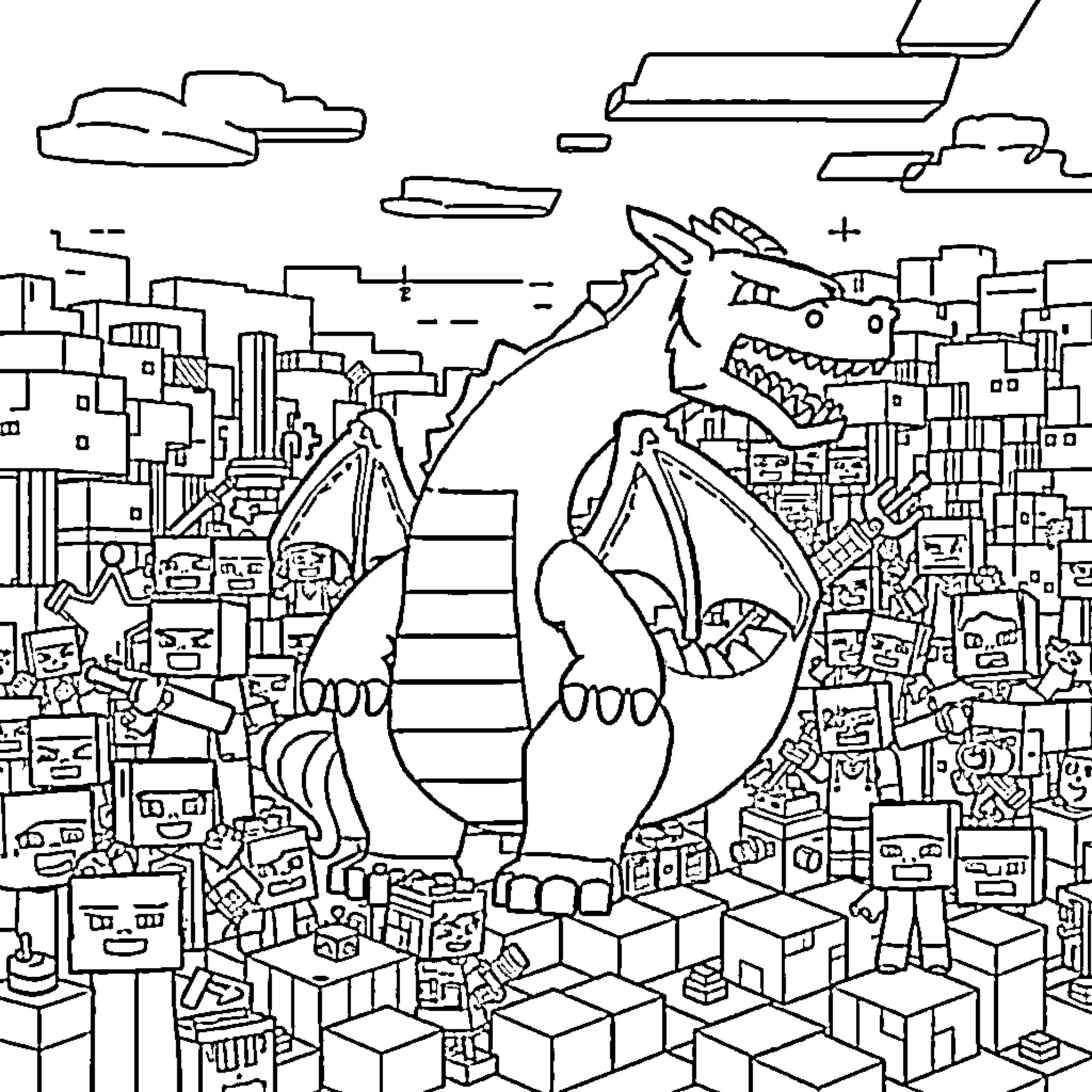 Minecraft Dragon Rampaging Through a Blocky City Coloring Page (free black-and-white line drawing printable PDF for all, from beginners to advanced learners, including children, teens, adults, and seniors)