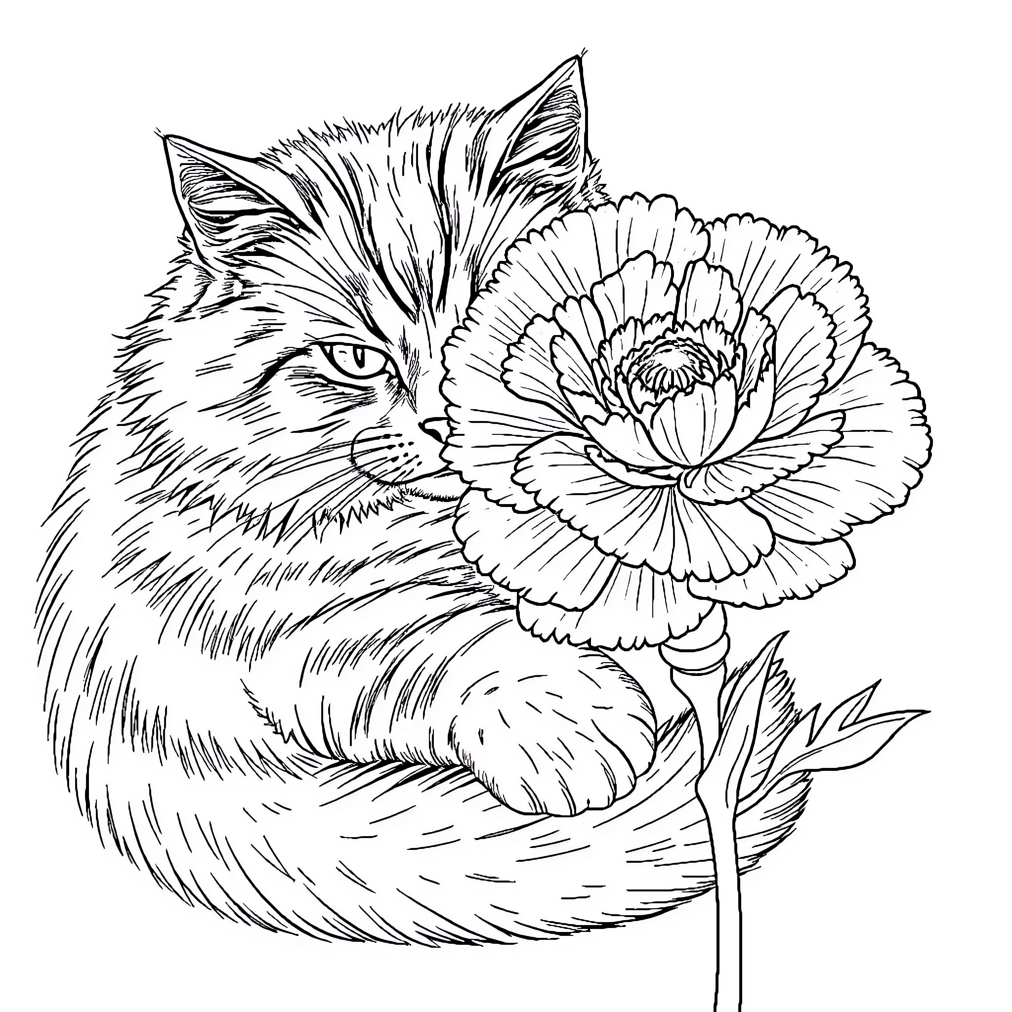Cat peering through a vibrant flower Coloring Page (free black-and-white line drawing printable PDF for all, from beginners to advanced learners, including children, teens, adults, and seniors)