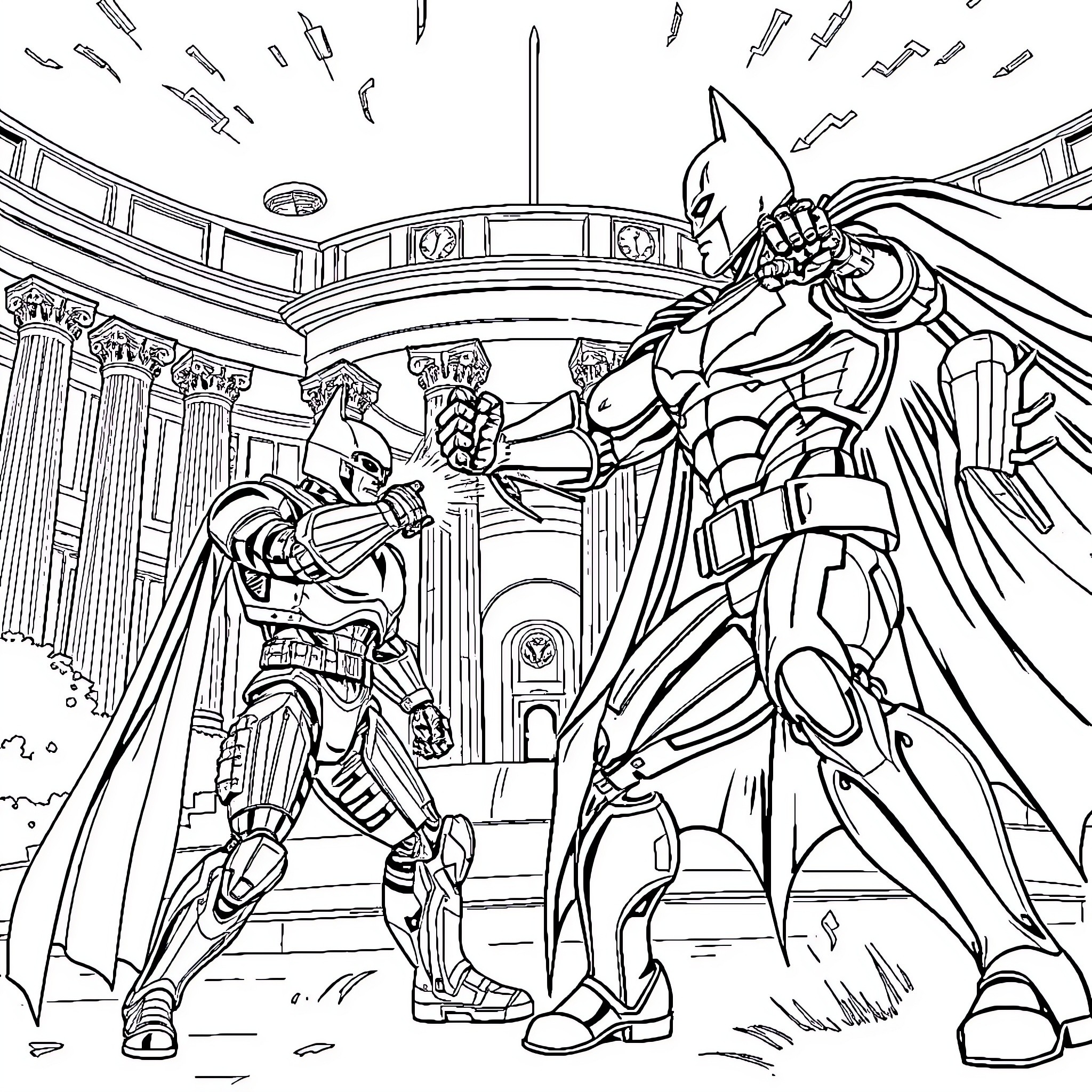 Batman facing off against a powerful foe in a heroic battle Coloring Page (free black-and-white line drawing printable PDF for all, from beginners to advanced learners, including children, teens, adults, and seniors)