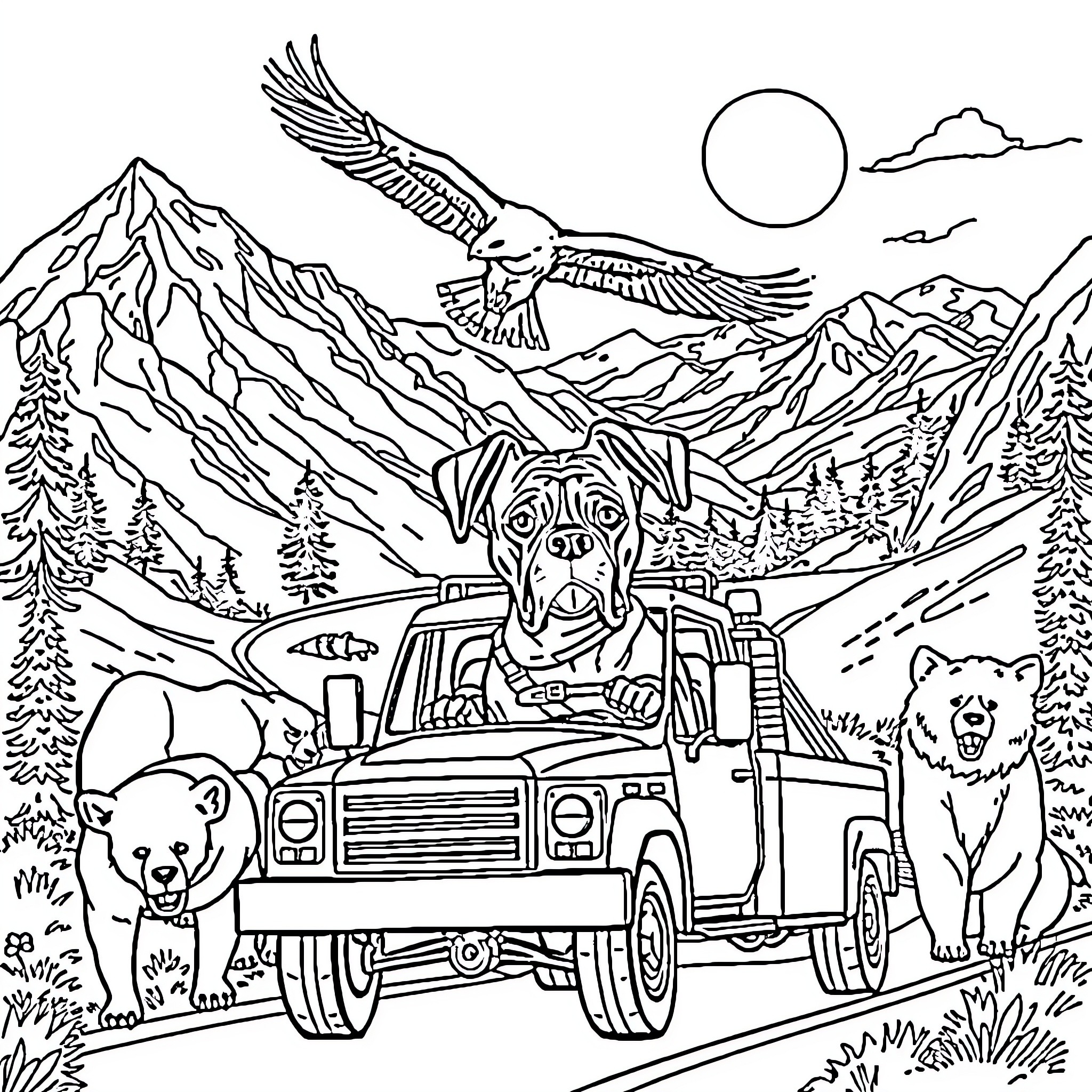 Boxer on an outdoor adventure with animals Coloring Page (free black-and-white line drawing printable PDF for all, from beginners to advanced learners, including children, teens, adults, and seniors)