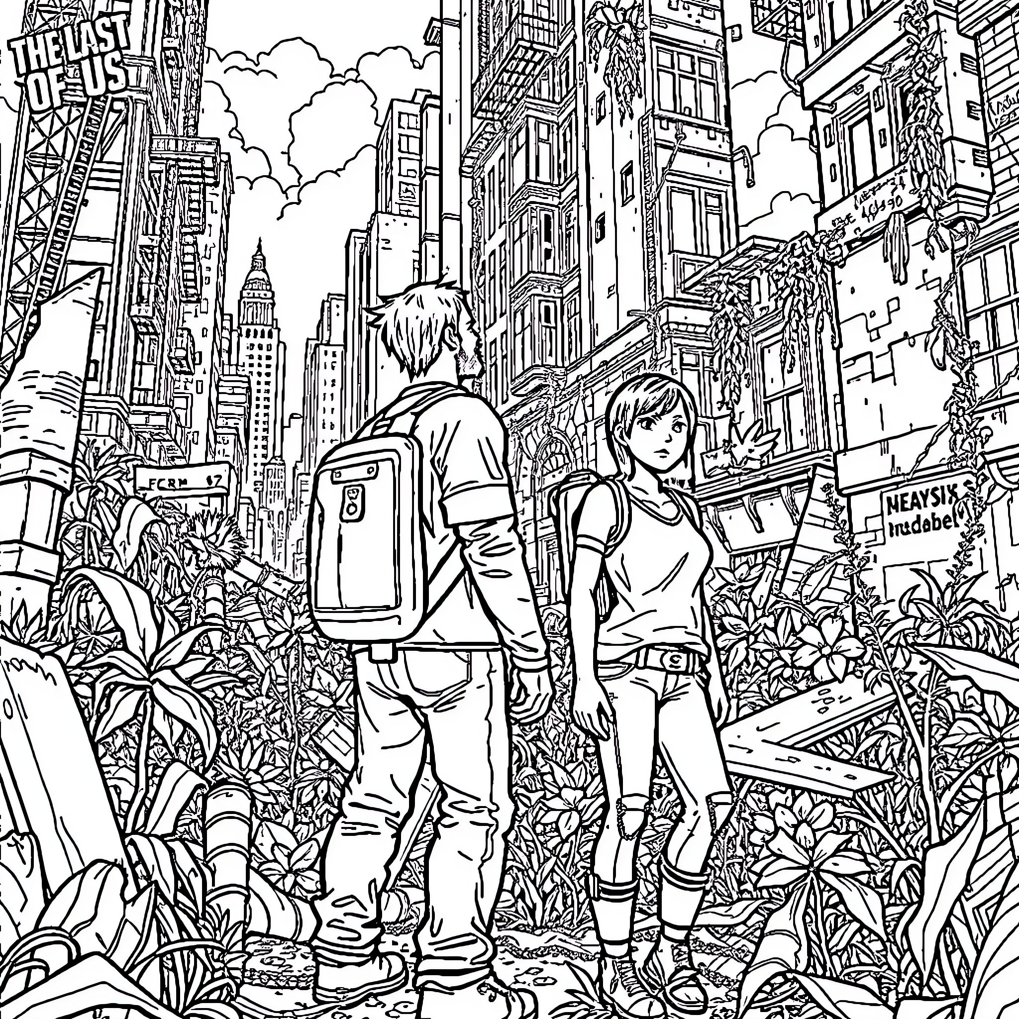 Last of Us Characters in Apocalyptic City Landscape Coloring Page (free black-and-white line drawing printable PDF for all, from beginners to advanced learners, including children, teens, adults, and seniors)