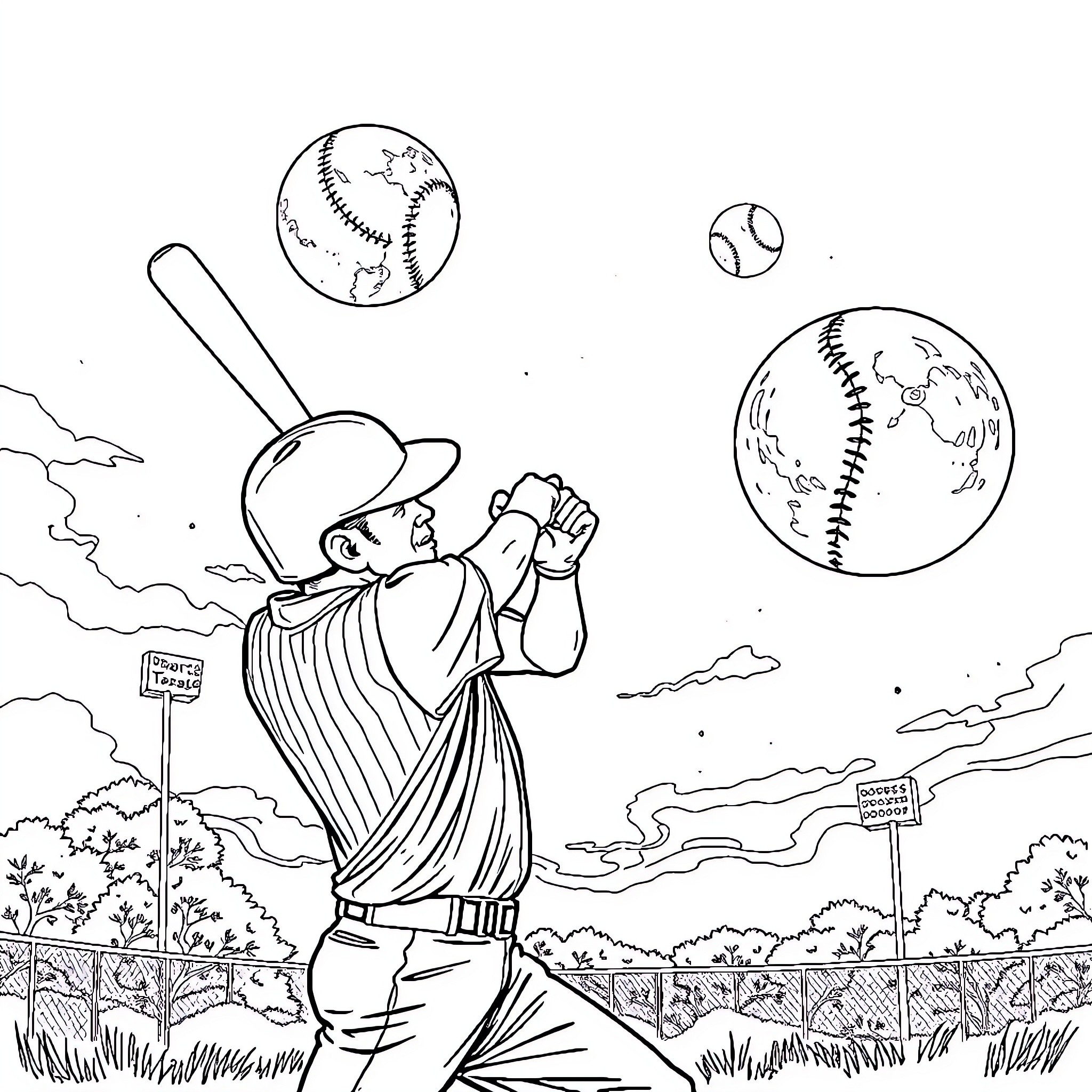 Baseball Player Batting at the Plate Coloring Page (free black-and-white line drawing printable PDF for all, from beginners to advanced learners, including children, teens, adults, and seniors)