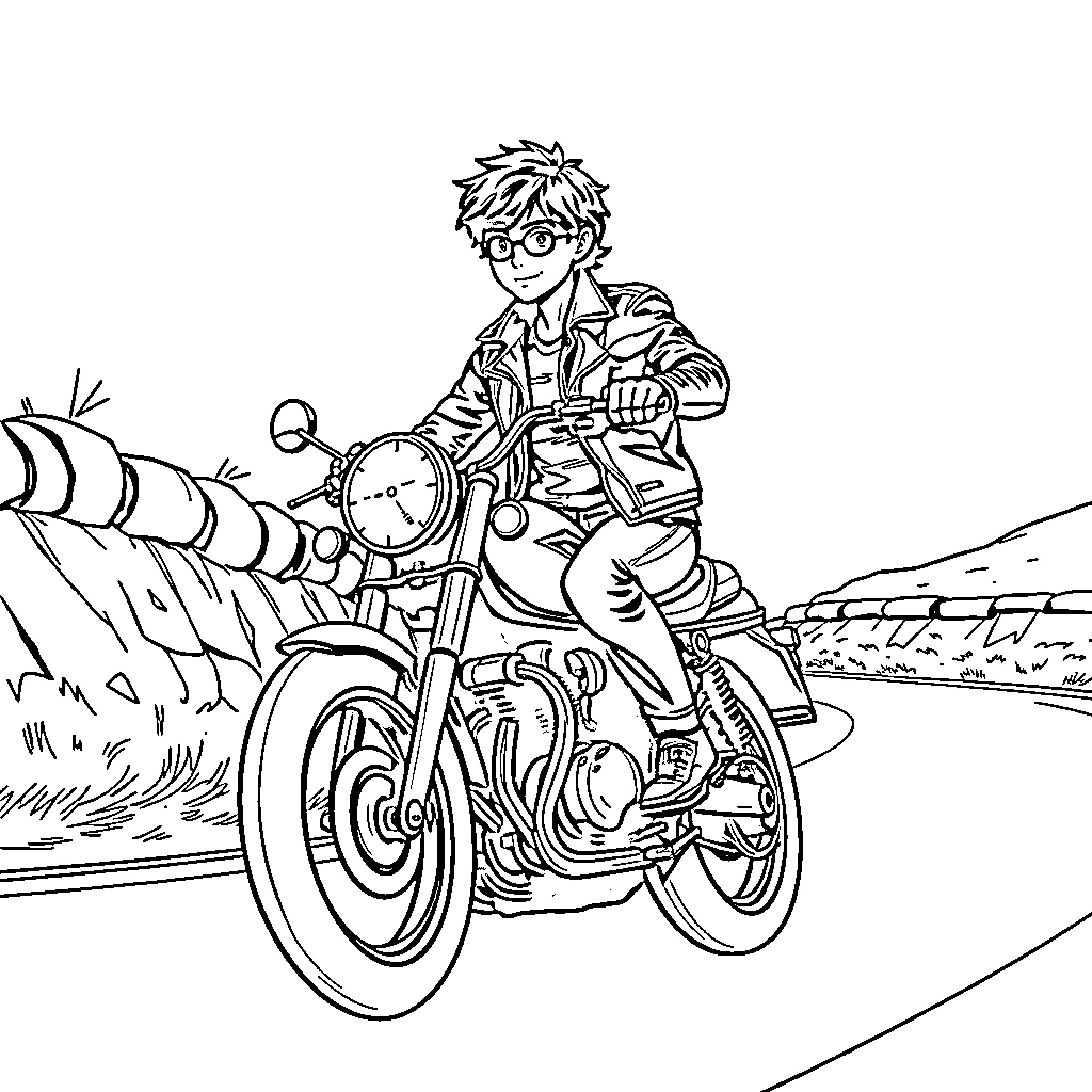 Hermione Granger riding a motorcycle on a rural road Coloring Page (free black-and-white line drawing printable PDF for all, from beginners to advanced learners, including children, teens, adults, and seniors)