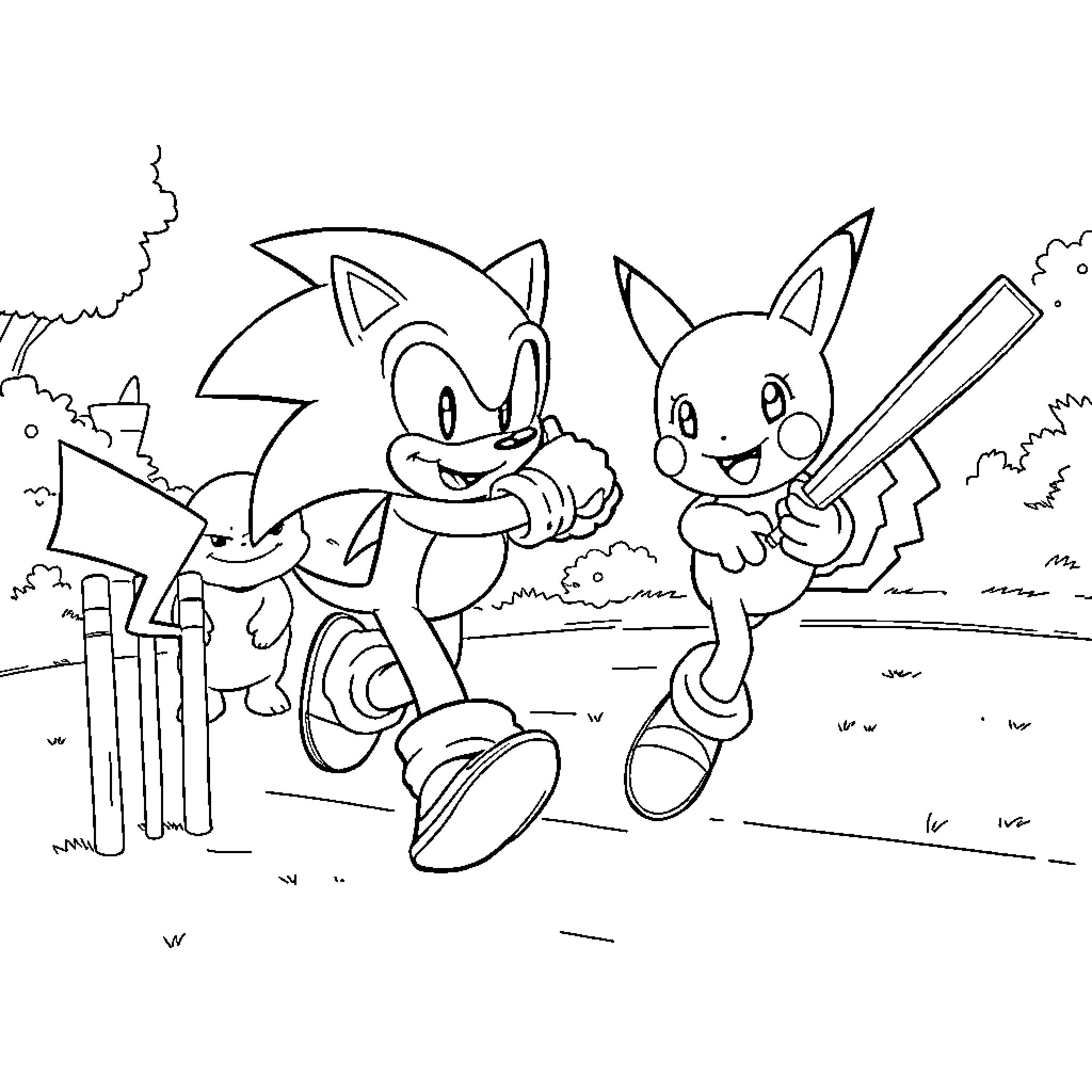 Sonic characters playing cricket on the field Coloring Page (free black-and-white line drawing printable PDF for all, from beginners to advanced learners, including children, teens, adults, and seniors)