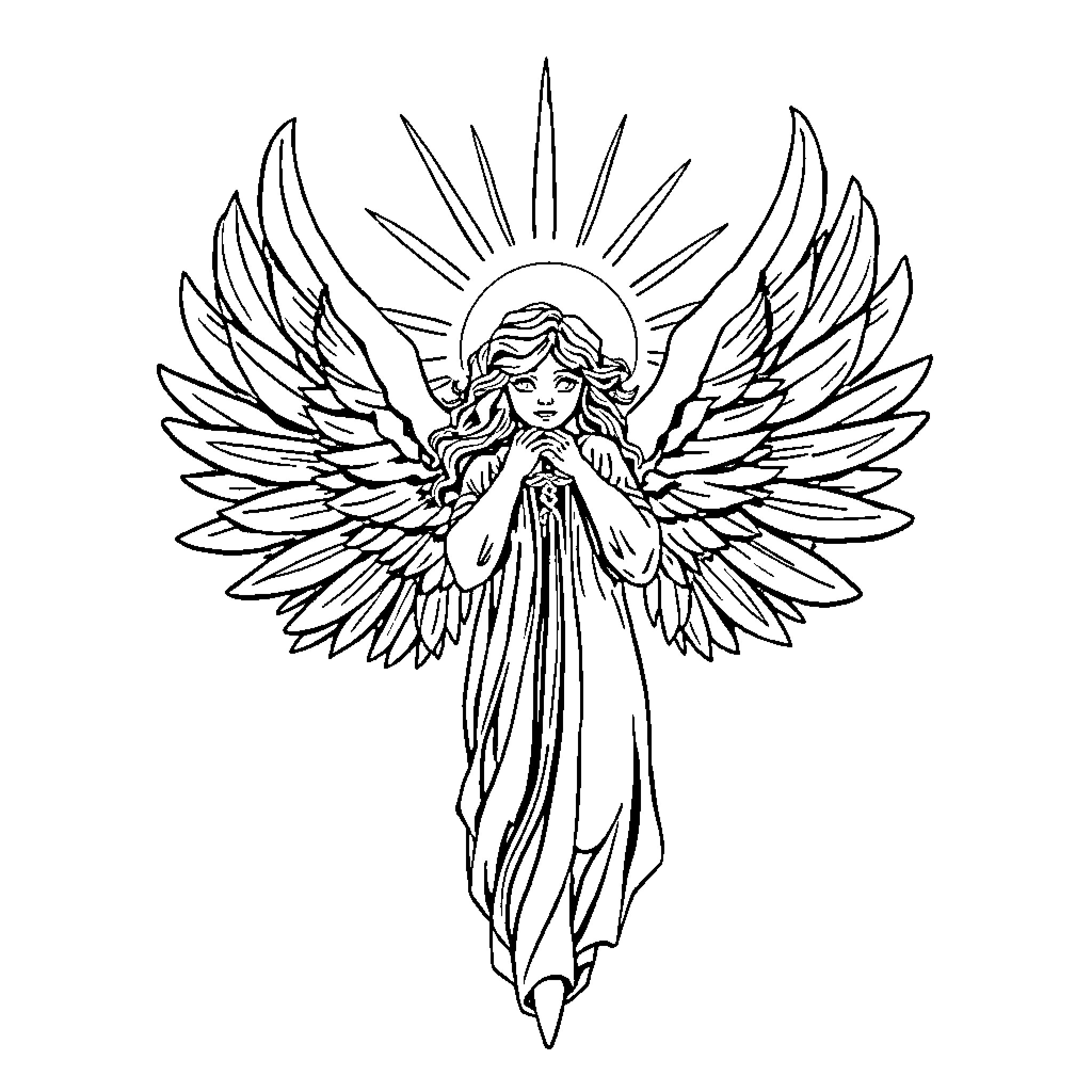Angel with outstretched wings in divine grace Coloring Page (free black-and-white line drawing printable PDF for all, from beginners to advanced learners, including children, teens, adults, and seniors)