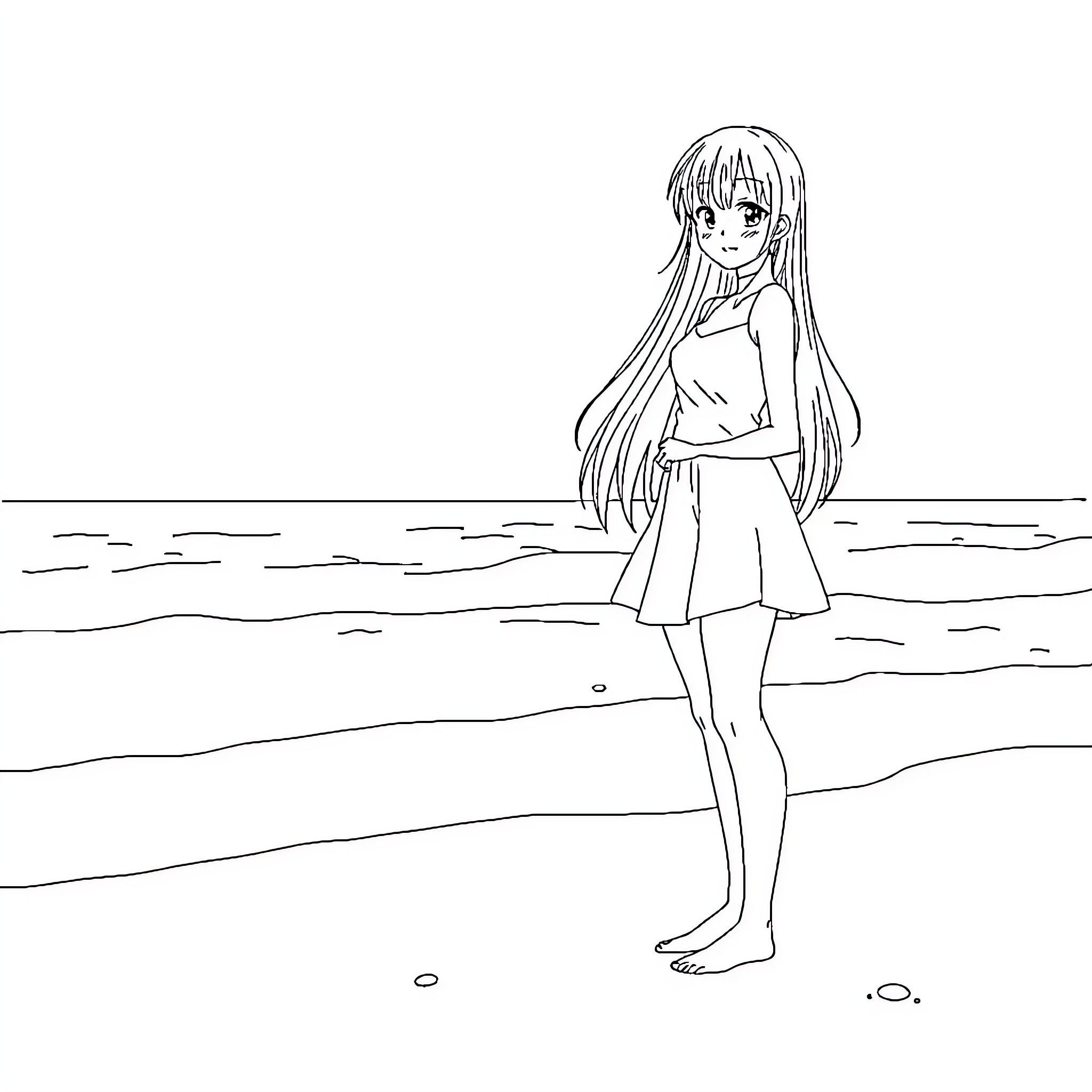 Taiga Aisaka enjoying a peaceful seaside moment Coloring Page (free black-and-white line drawing printable PDF for all, from beginners to advanced learners, including children, teens, adults, and seniors)