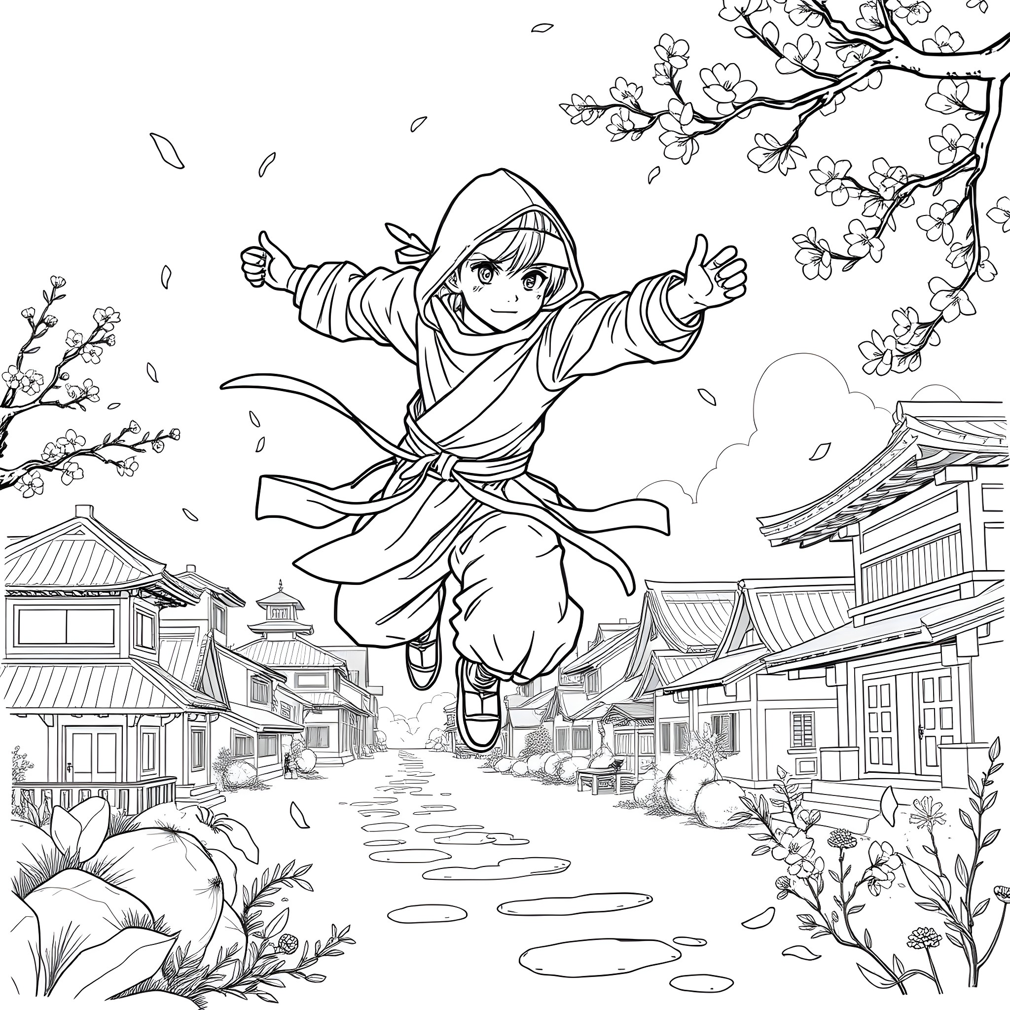 Ninja Kid Leaping Joyfully in Blooming Village Coloring Page (free black-and-white line drawing printable PDF for all, from beginners to advanced learners, including children, teens, adults, and seniors)