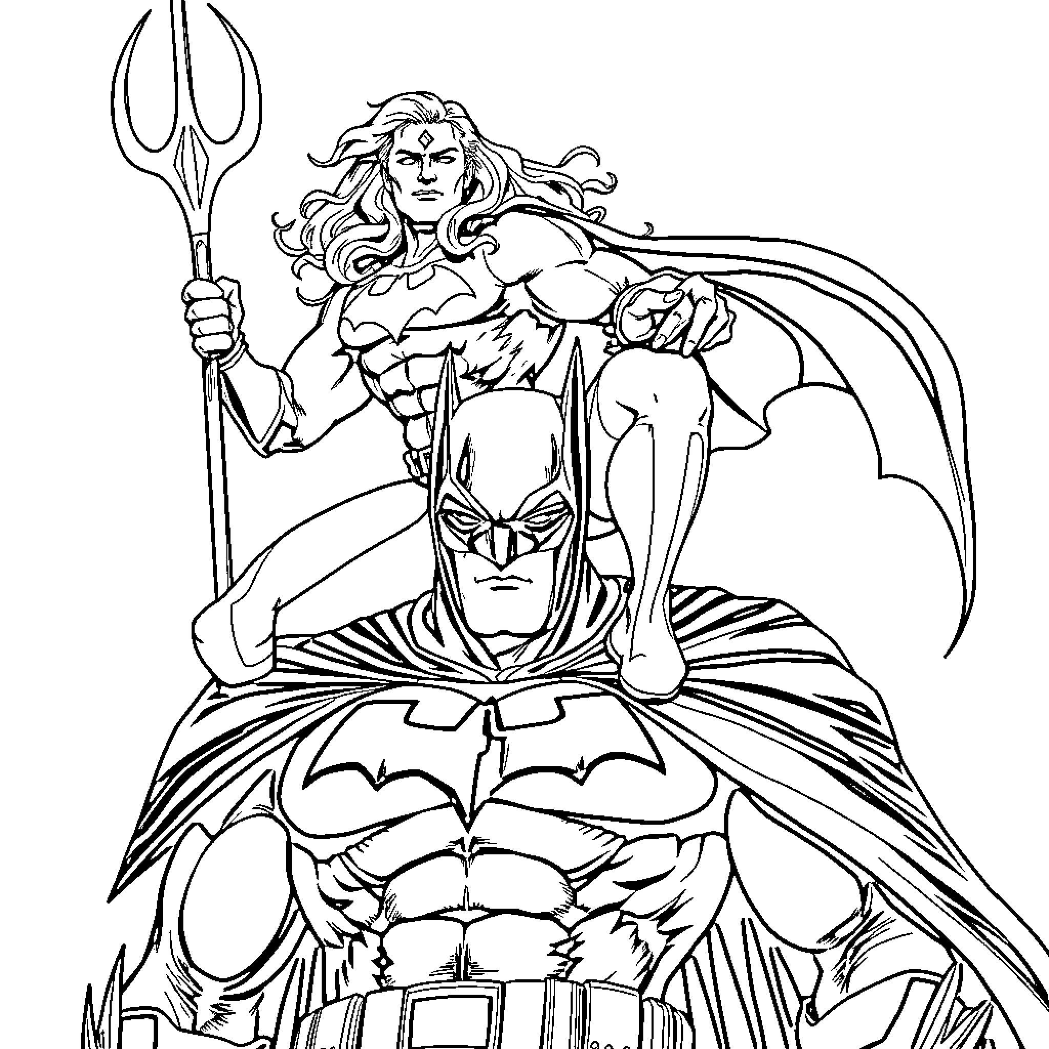 Aquaman and Batman in Epic Superhero Showdown Coloring Page (free black-and-white line drawing printable PDF for all, from beginners to advanced learners, including children, teens, adults, and seniors)