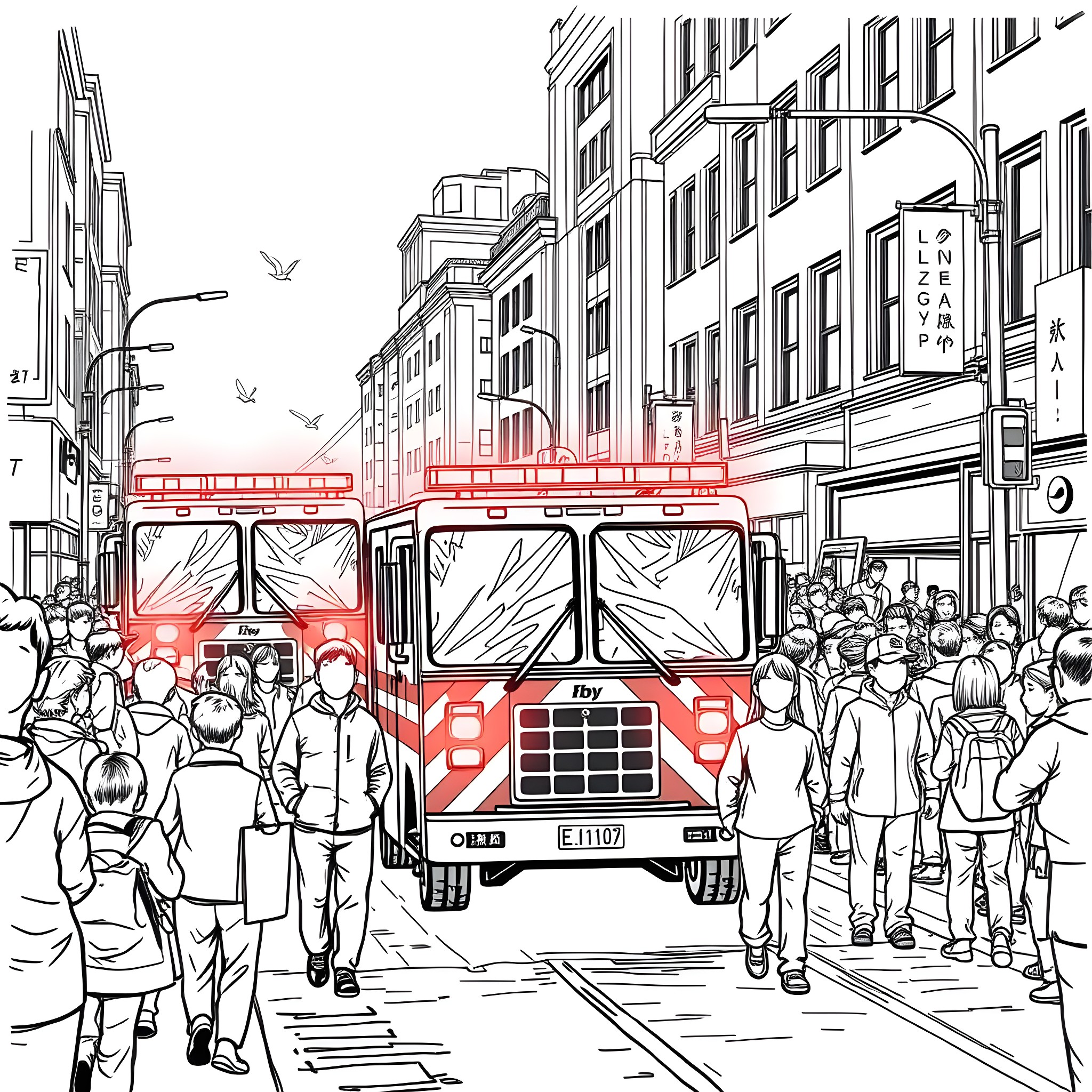 Emergency Vehicle Responding to Urgent Situation in Crowded City Coloring Page (free black-and-white line drawing printable PDF for all, from beginners to advanced learners, including children, teens, adults, and seniors)