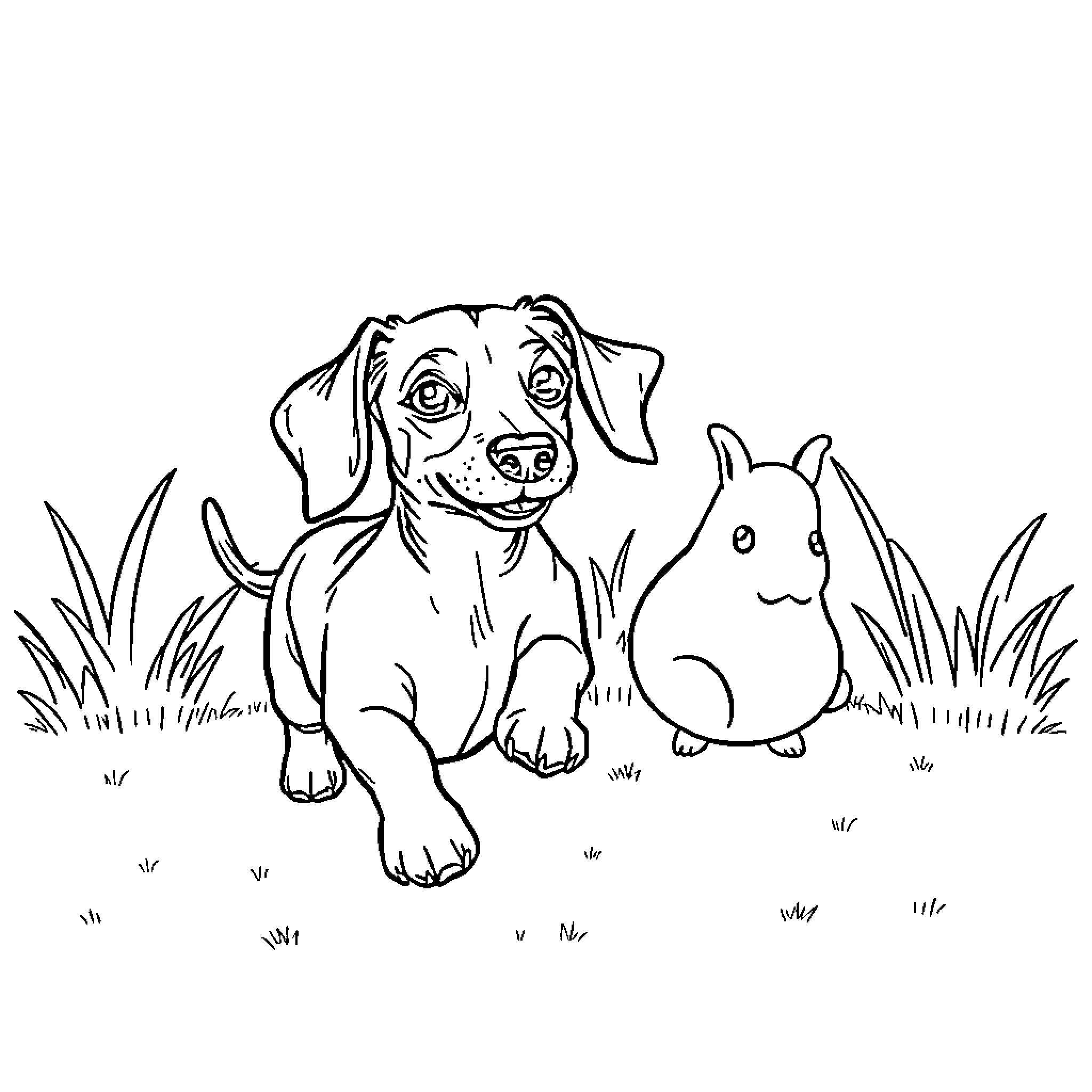 Dachshund playing with rabbit in the grass Coloring Page (free black-and-white line drawing printable PDF for all, from beginners to advanced learners, including children, teens, adults, and seniors)