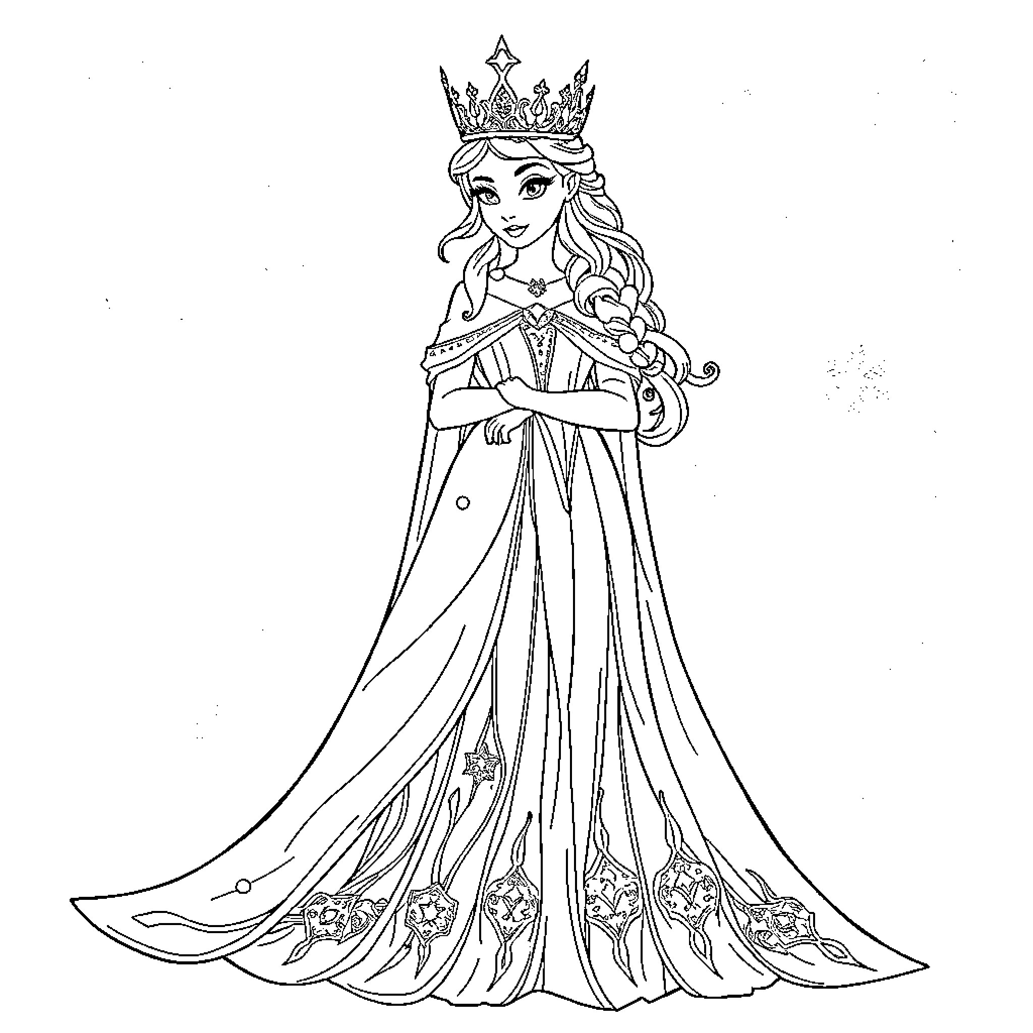 Snow Queen in Regal Attire Coloring Page (free black-and-white line drawing printable PDF for all, from beginners to advanced learners, including children, teens, adults, and seniors)