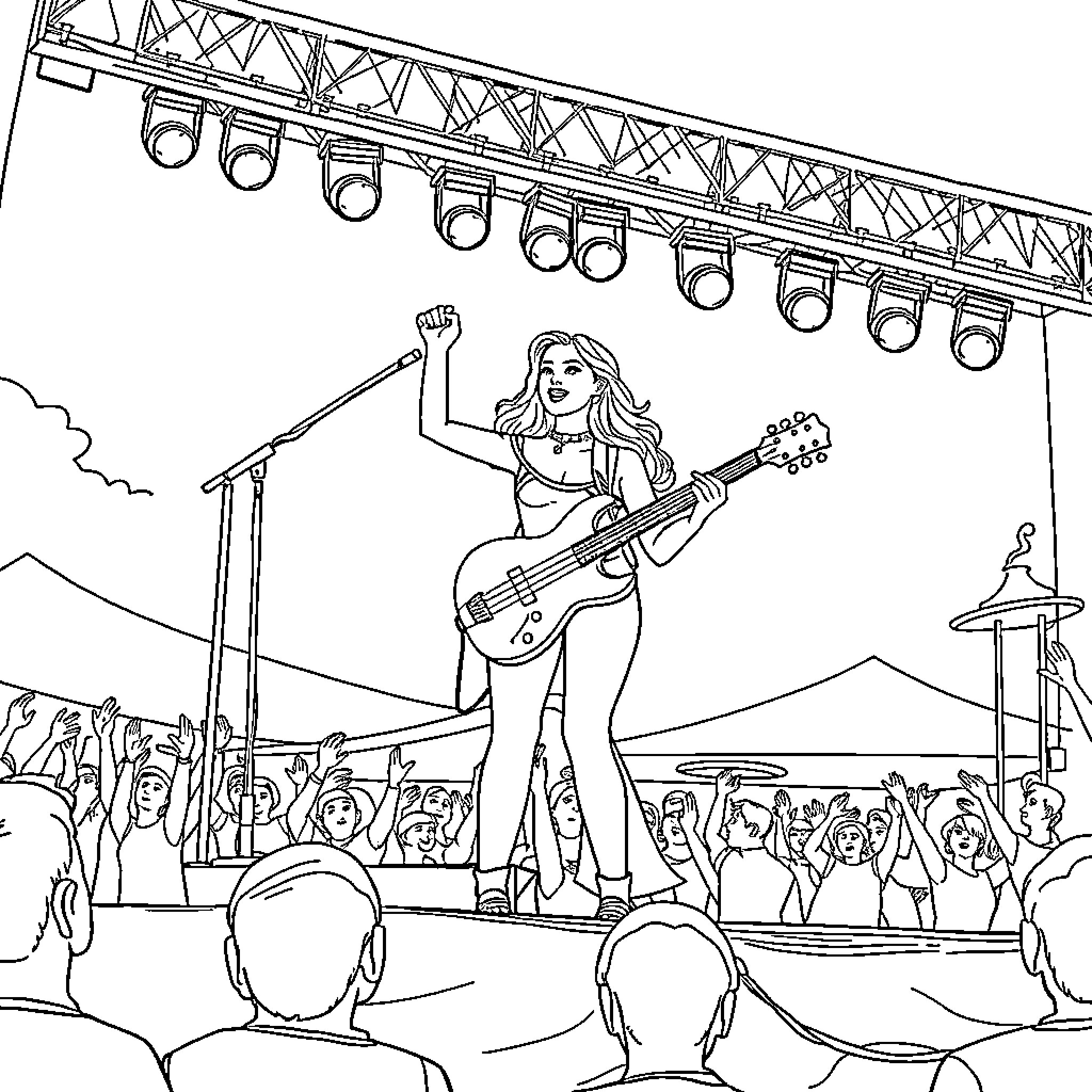 Ayliva performing on stage with a guitar Coloring Page (free black-and-white line drawing printable PDF for all, from beginners to advanced learners, including children, teens, adults, and seniors)