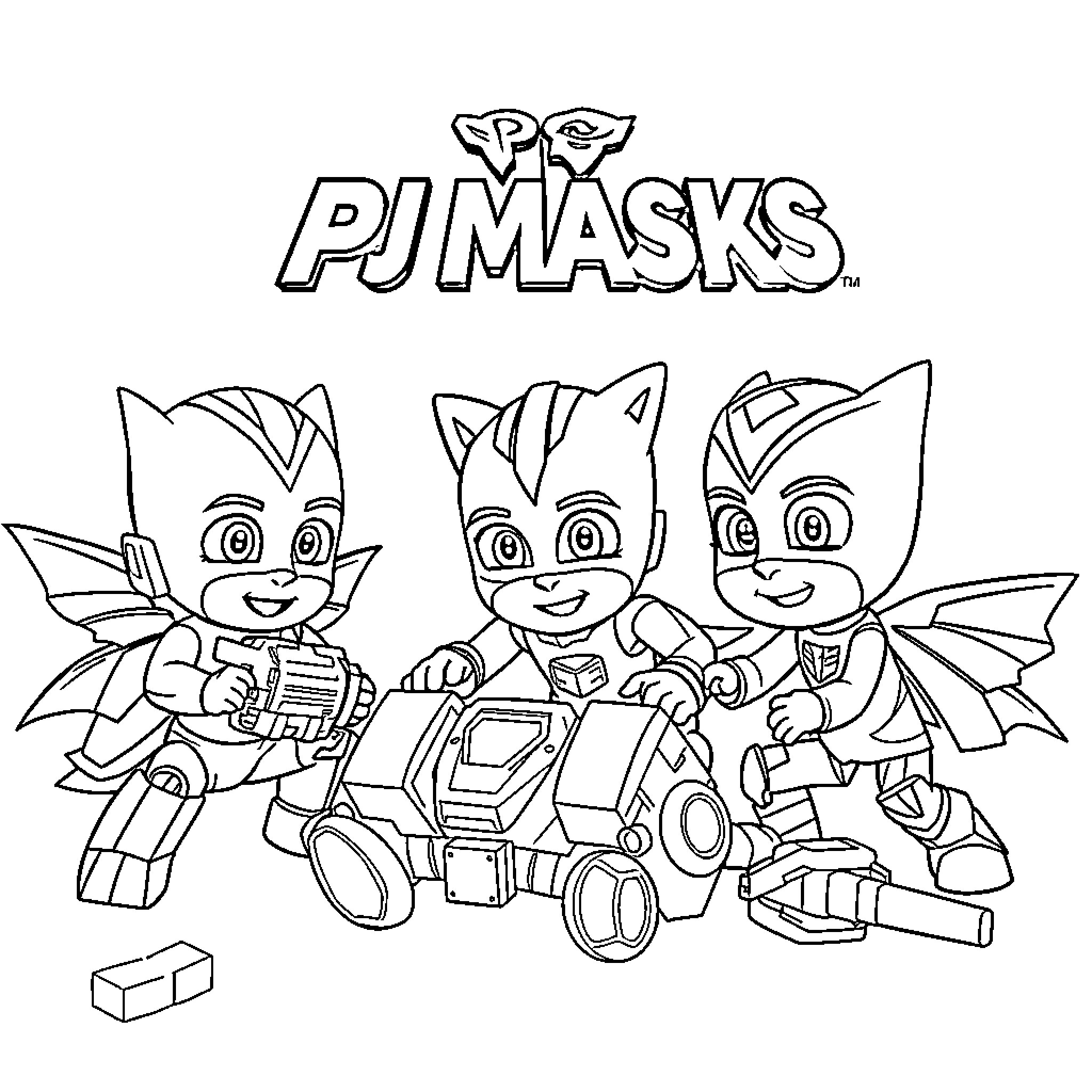 Pj Masks heroes in action Coloring Page (free black-and-white line drawing printable PDF for all, from beginners to advanced learners, including children, teens, adults, and seniors)