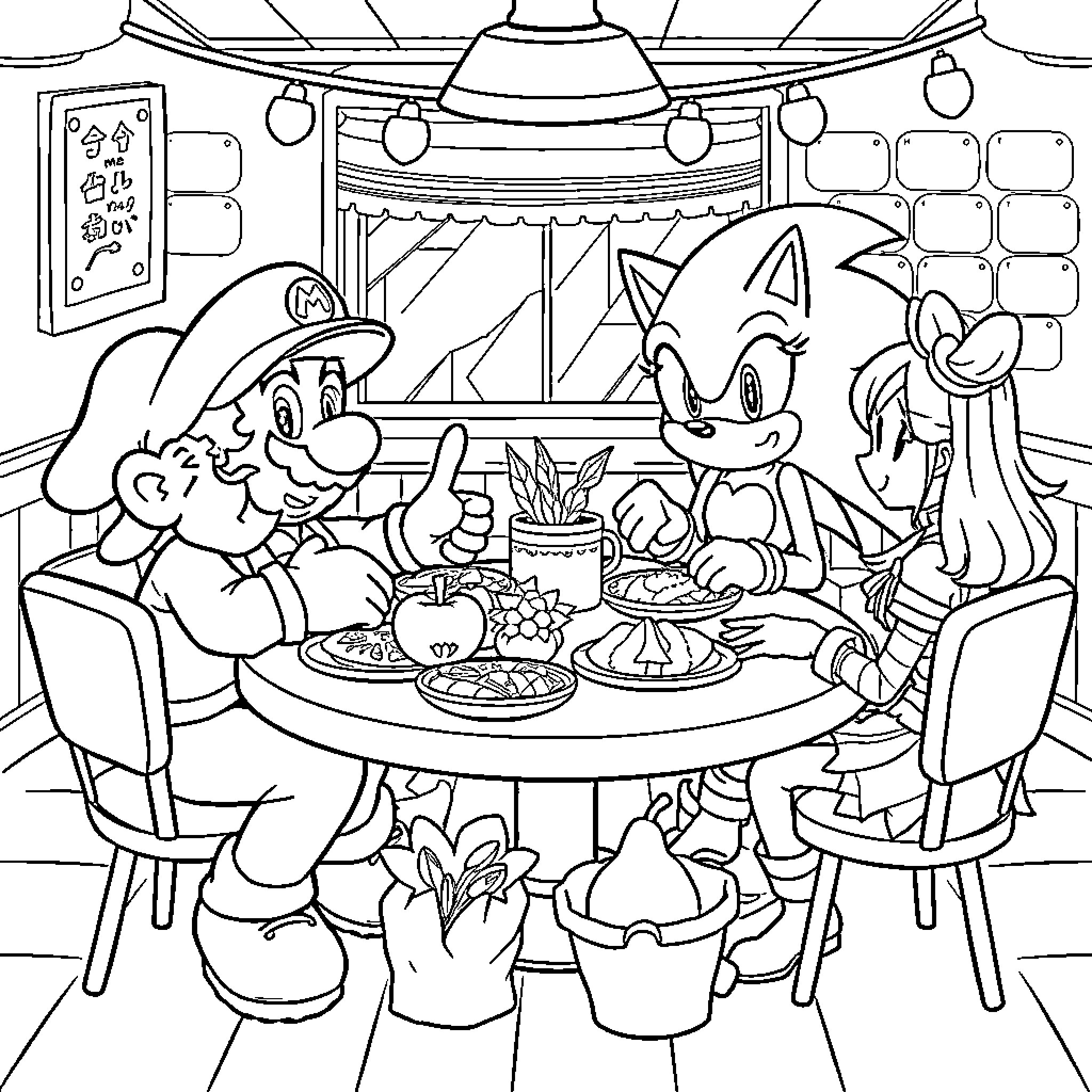Supermario Enjoying a Lively Picnic with Friends Coloring Page (free black-and-white line drawing printable PDF for all, from beginners to advanced learners, including children, teens, adults, and seniors)
