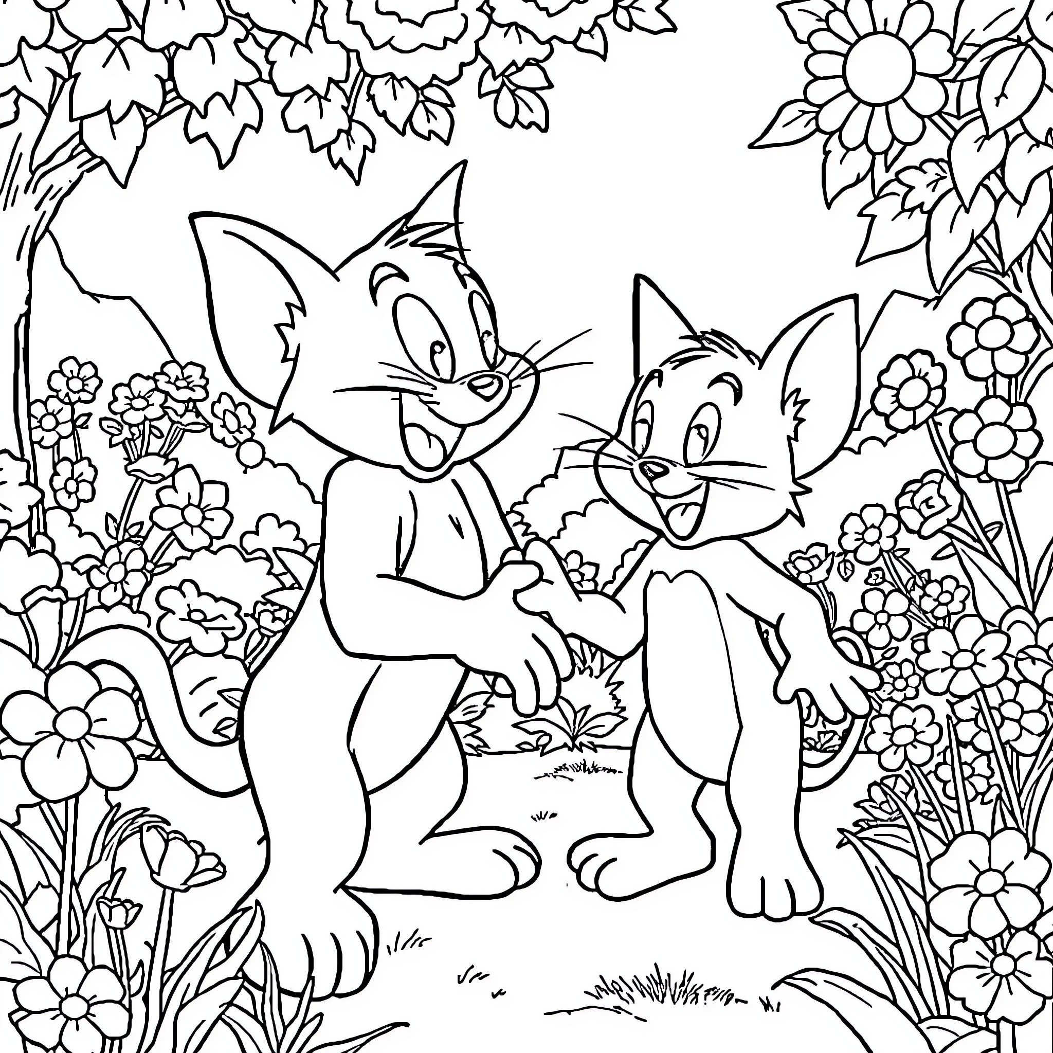 Tom and Jerry playing mischievously in the garden Coloring Page (free black-and-white line drawing printable PDF for all, from beginners to advanced learners, including children, teens, adults, and seniors)